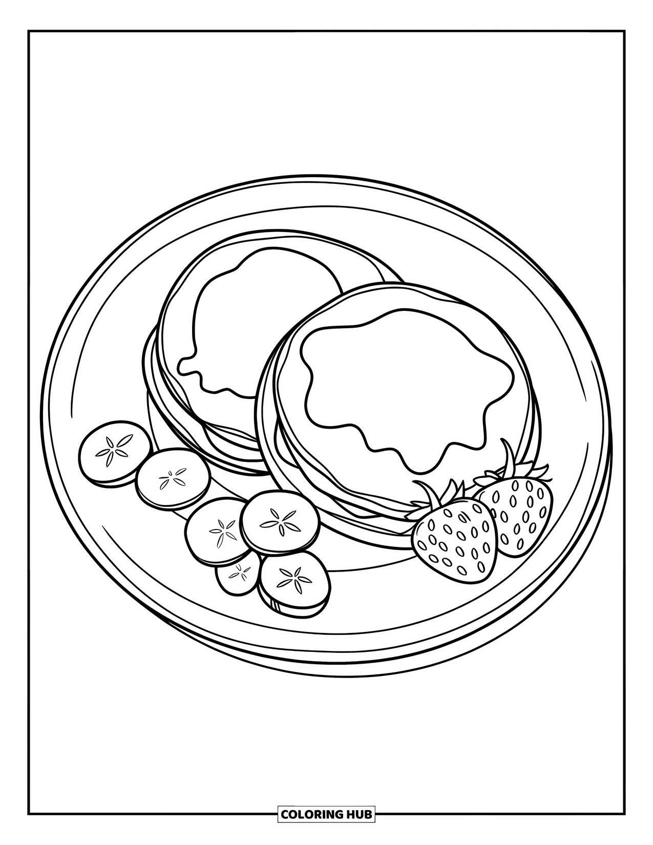 Coloriage de crêpe pour enfants : Deux crêpes sur une assiette avec des tranches de bananes et de fraises sur le côté
