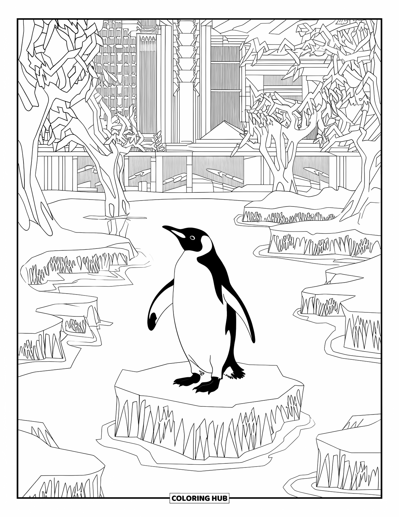 Disegno di pinguino da colorare per adulti: Un pinguino splendidamente dettagliato si erge sul ghiaccio, con un lago ghiacciato e alberi gelidi dietro