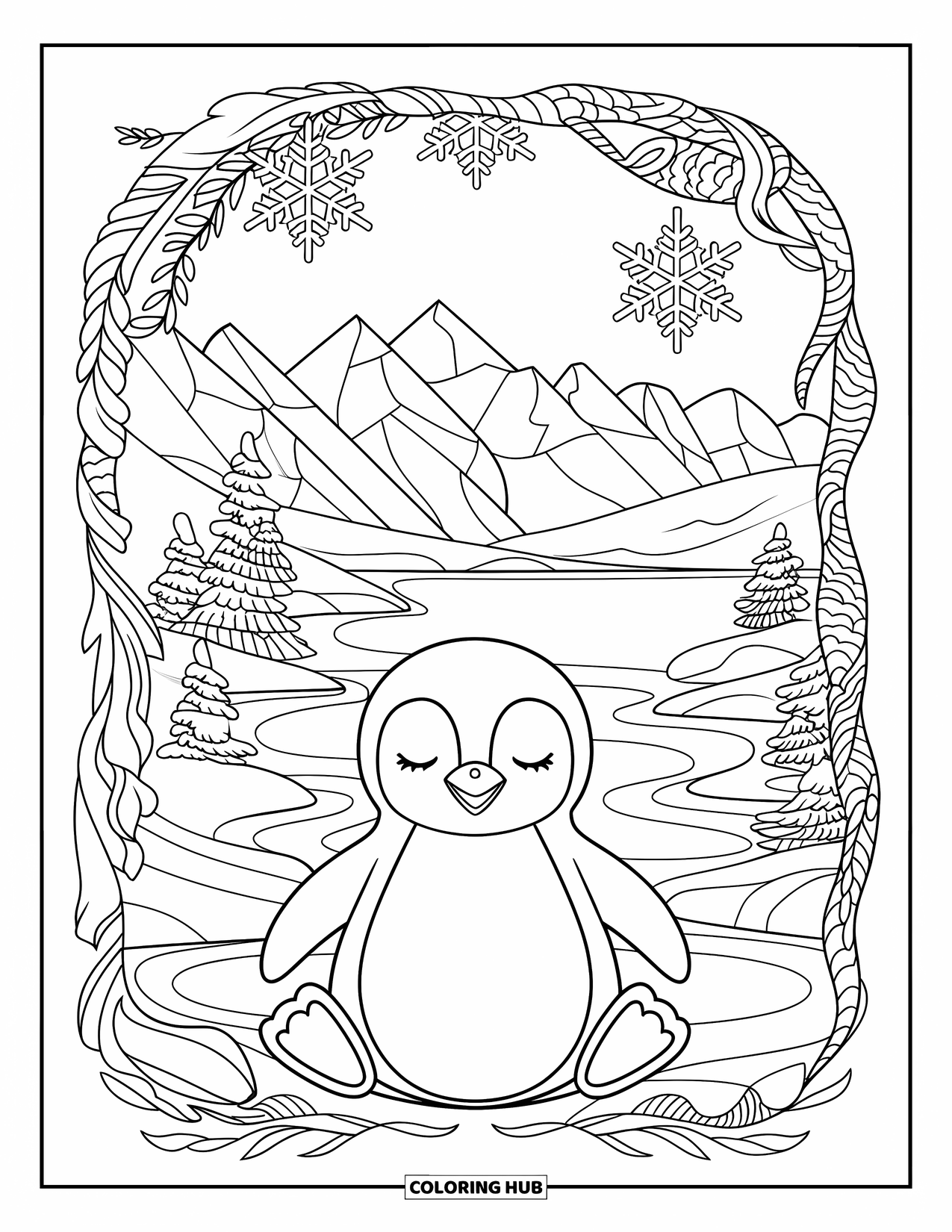 Disegno di pinguino da colorare per adulti: Un pinguino dettagliato siede vicino a un lago, circondato da alberi contorti e una catena montuosa innevata