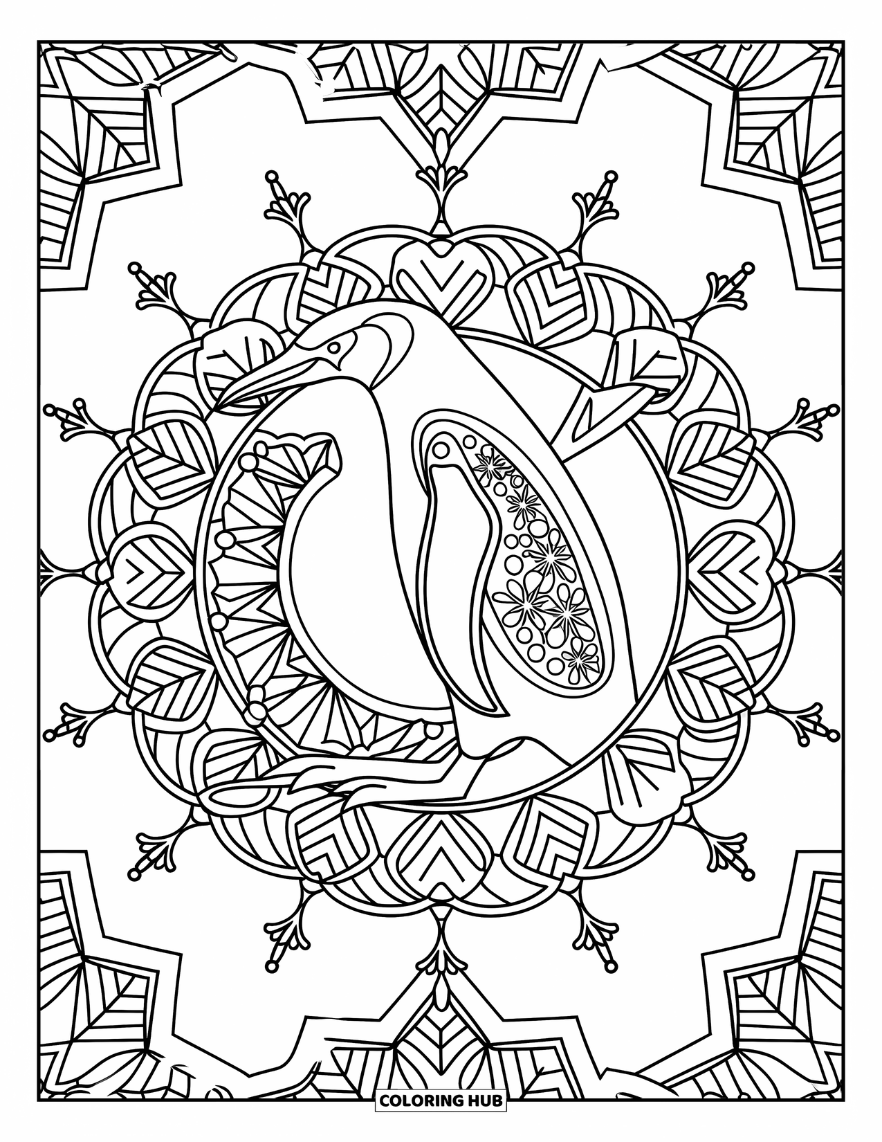 Disegno di pinguino da colorare per adulti: Un pinguino dettagliato siede al centro di un mandala pieno di motivi innevati e ghiacciati