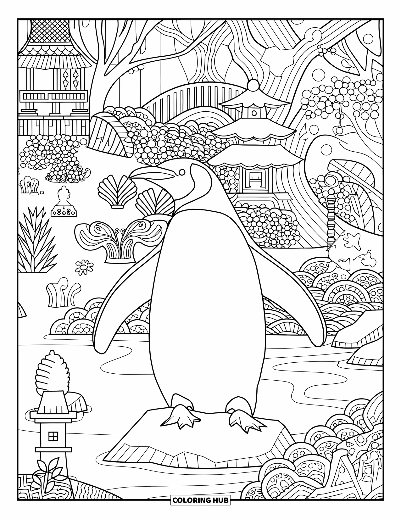 Disegno di pinguino da colorare per adulti: Un pinguino dettagliato si erge in un giardino pieno di piante decorative, ponti e lanterne