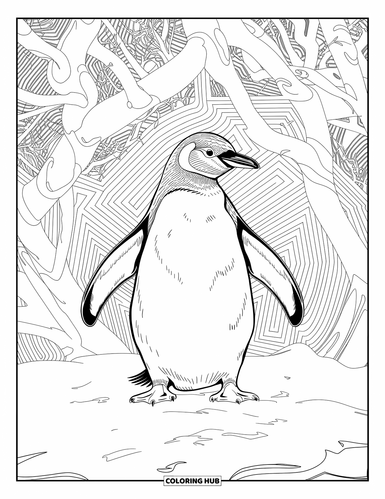 Disegno di pinguino da colorare per adulti: Un pinguino finemente disegnato si erge tra rami di alberi intrecciati e motivi di linee vorticose