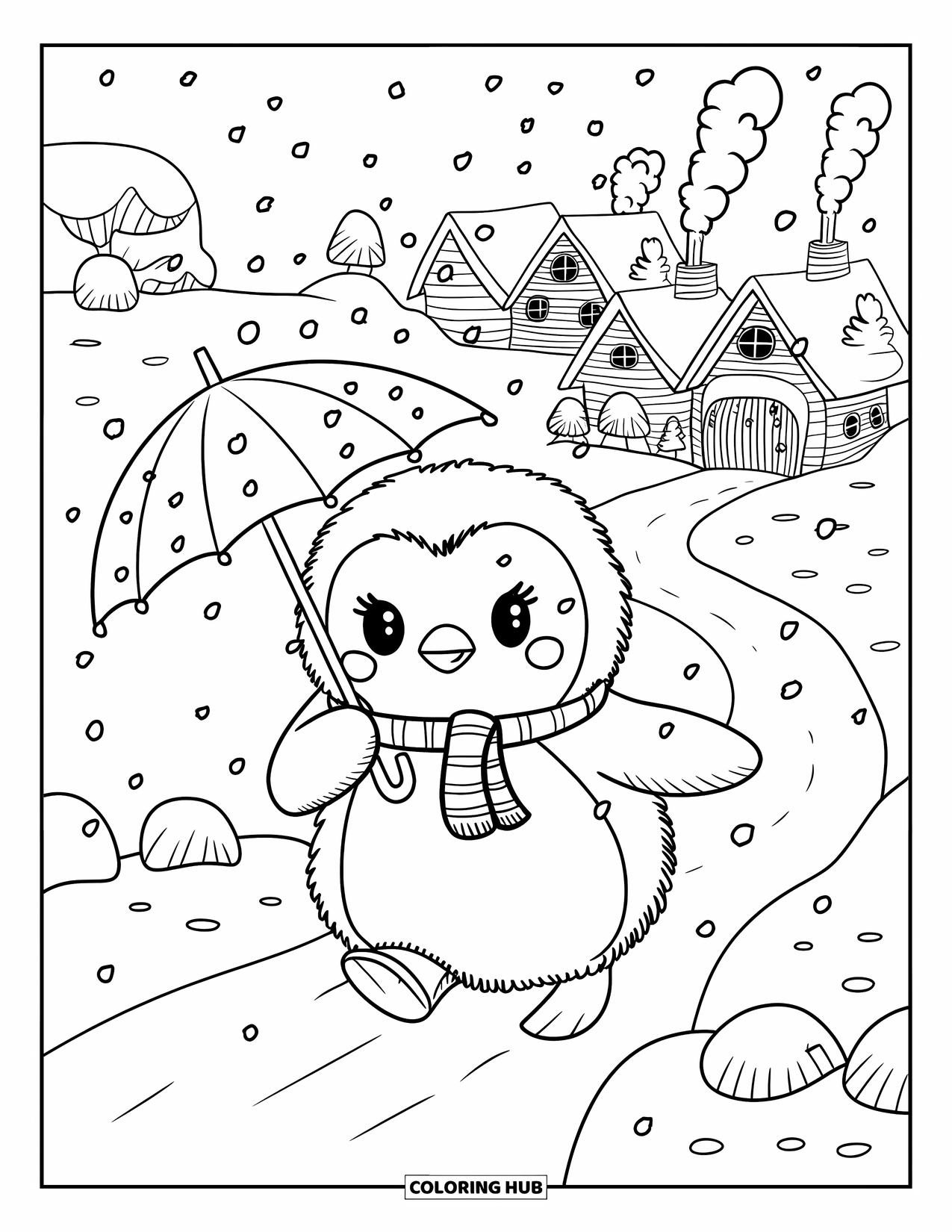Disegno di pinguino da colorare per adulti: Un pinguino soffice con una sciarpa cammina verso una casa accogliente, tenendo un minuscolo ombrello