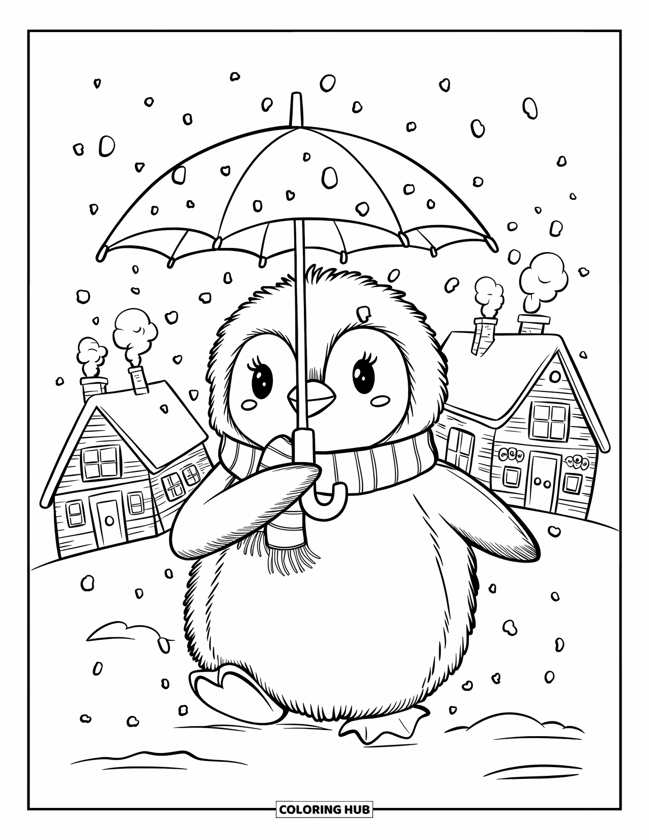Disegno di pinguino da colorare per adulti: Un pinguino soffice ondeggia nella neve che cade, tenendo un ombrello e indossando una sciarpa