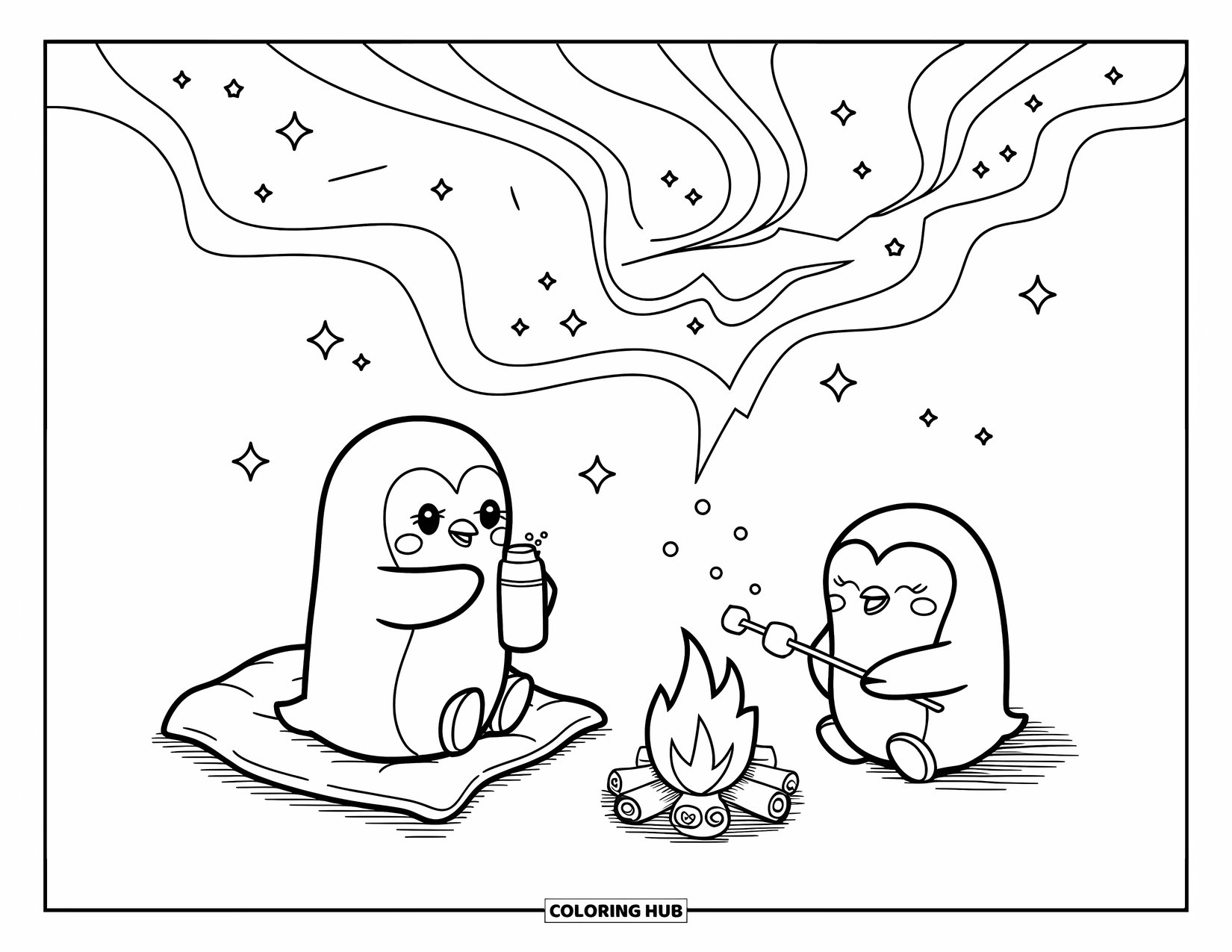 Disegno di pinguino da colorare per adulti: Un pinguino kawaii siede accanto a un falò, guardando l'aurora boreale con una bevanda calda