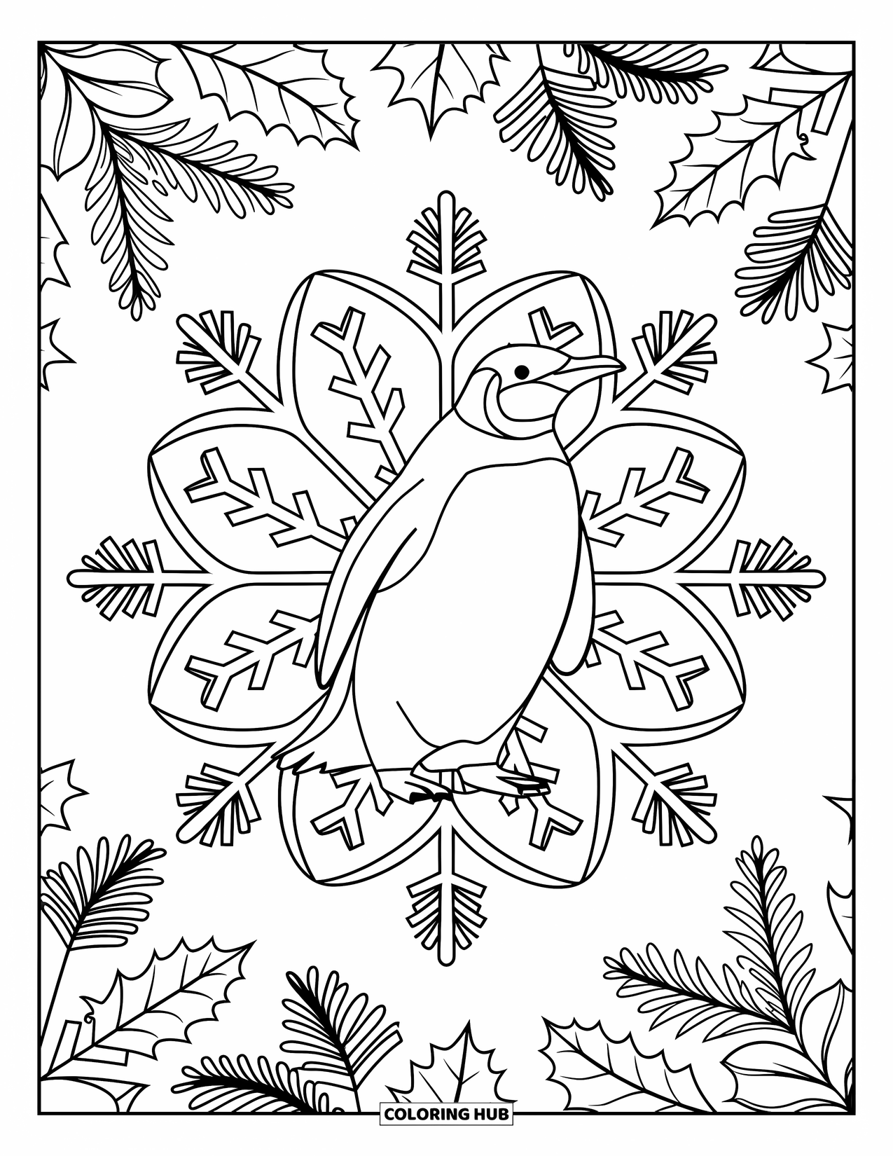 Disegno di pinguino da colorare per adulti: Un pinguino in stile mandala si erge su un fiocco di neve, circondato da disegni invernali ornamentali