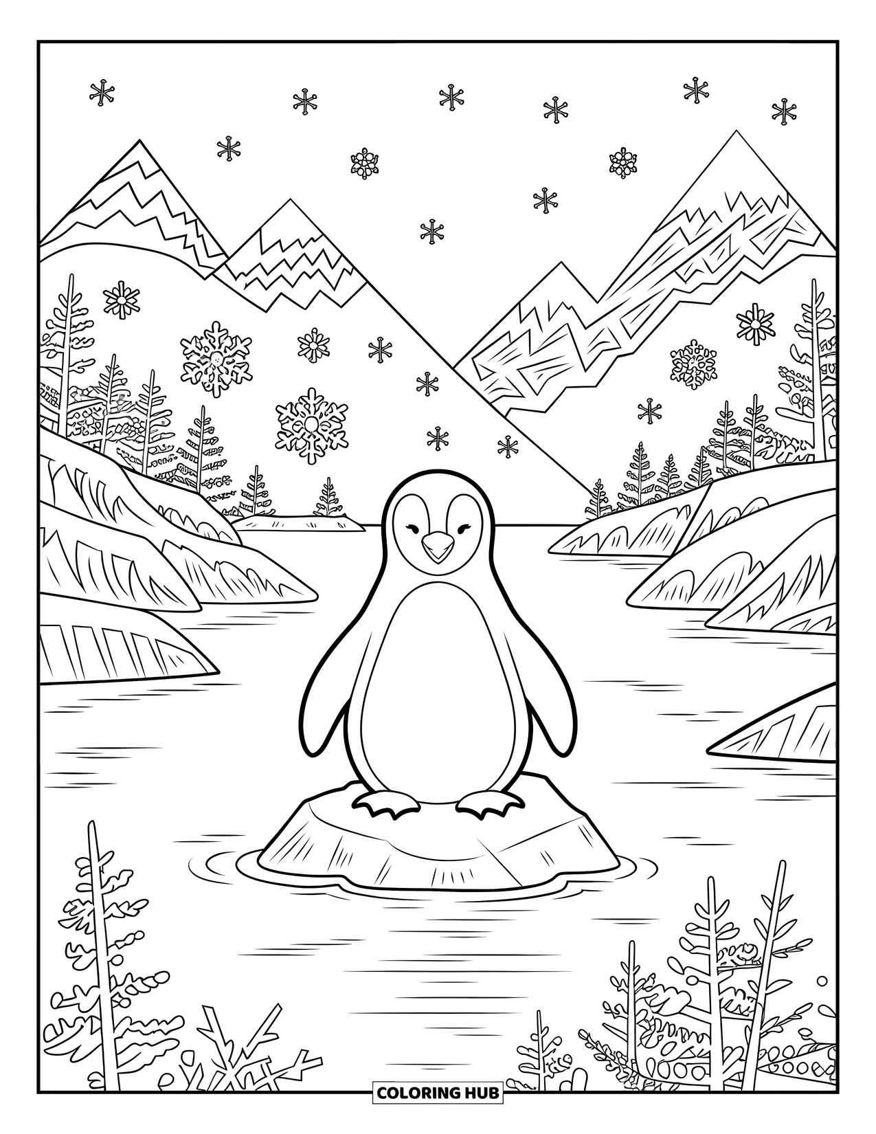 Disegno di pinguino da colorare per adulti: Un pinguino meditativo siede su una roccia, circondato da vorticosi motivi di fiocchi di neve