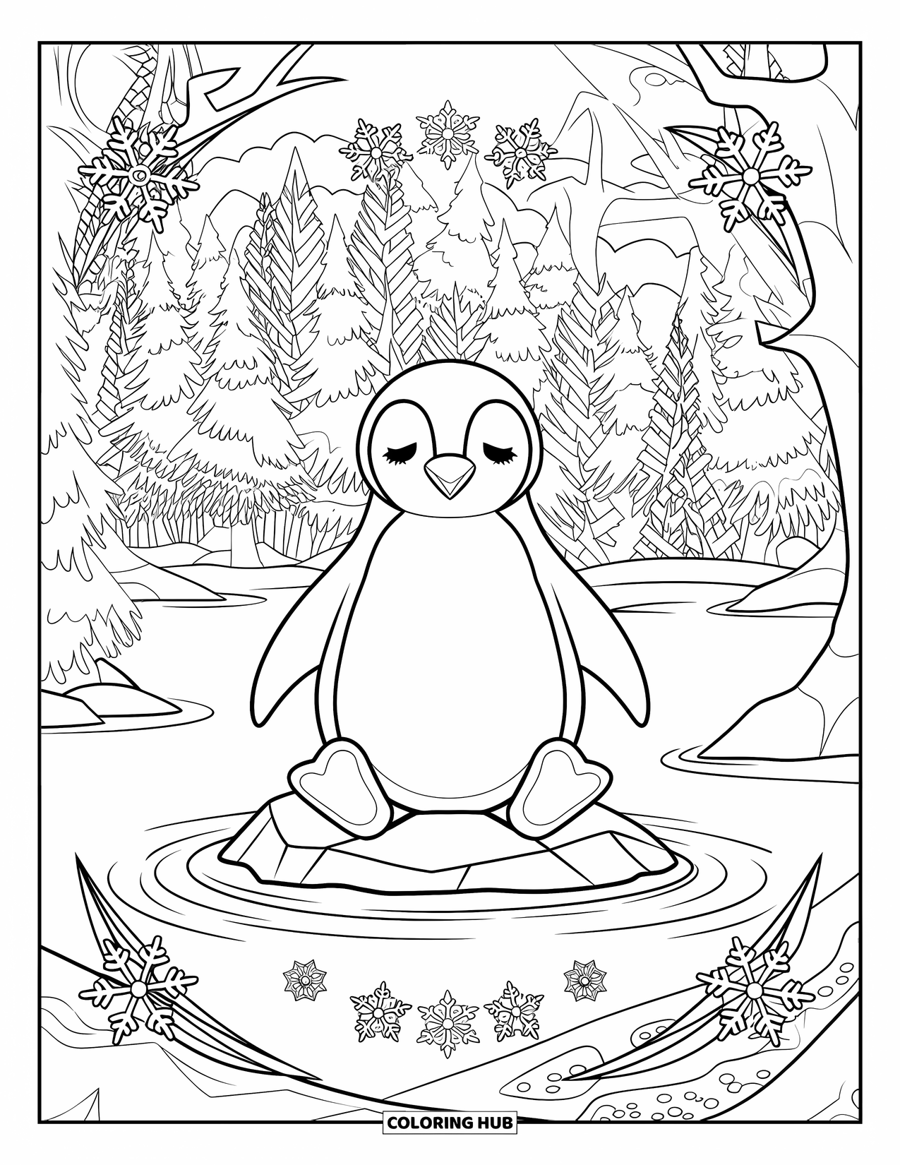 Disegno di pinguino da colorare per adulti: Un pinguino pacifico riposa su una vetta innevata, incorniciato da intricati motivi di gelo