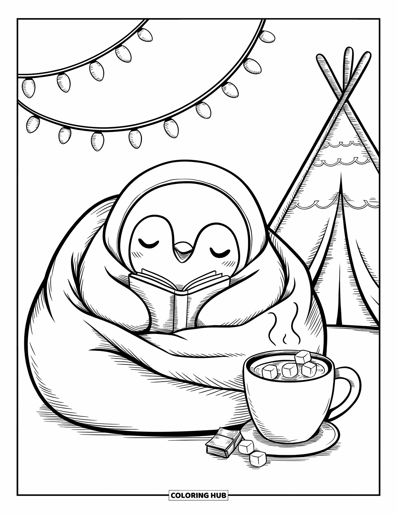 Disegno di pinguino da colorare per adulti: Un pinguino si accoccola con un libro e cioccolata calda dentro un tepee illuminato da lucine