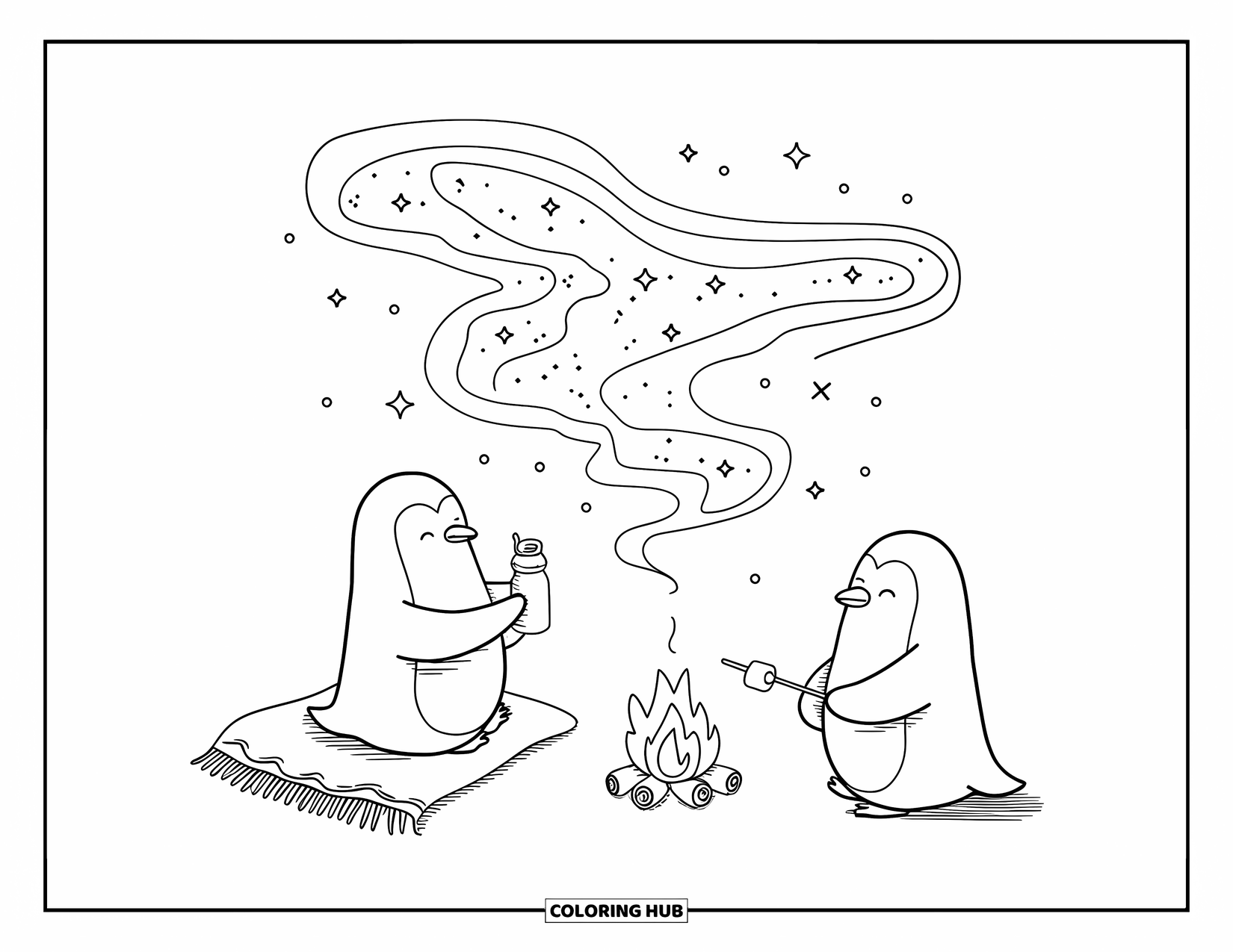 Disegno di un pinguino da colorare per adulti: Un pinguino si gode una notte accogliente sotto l'aurora boreale, sorseggiando da un minuscolo thermos