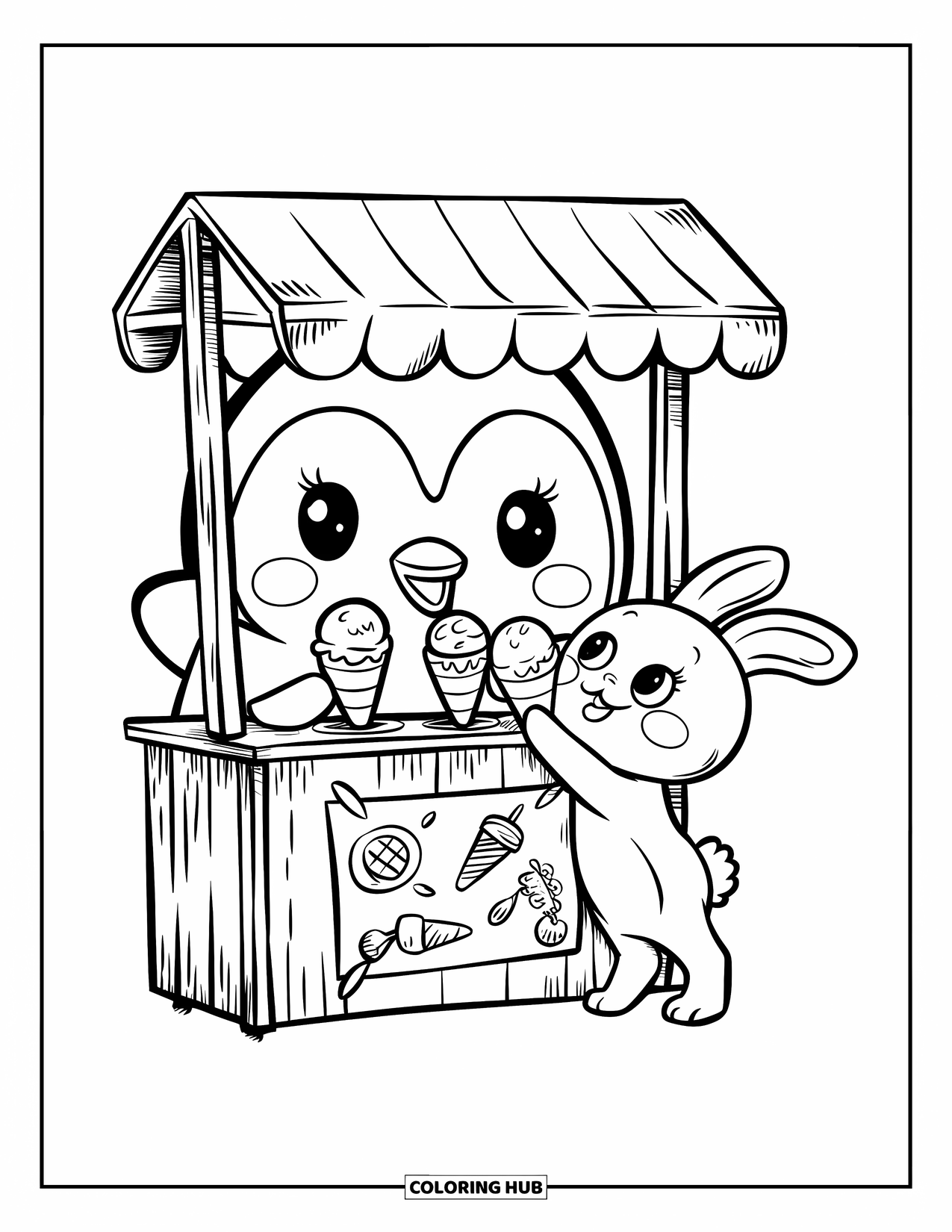 Disegno di pinguino da colorare per adulti: Un pinguino serve felicemente gelato a un coniglietto in una minuscola bancarella di legno