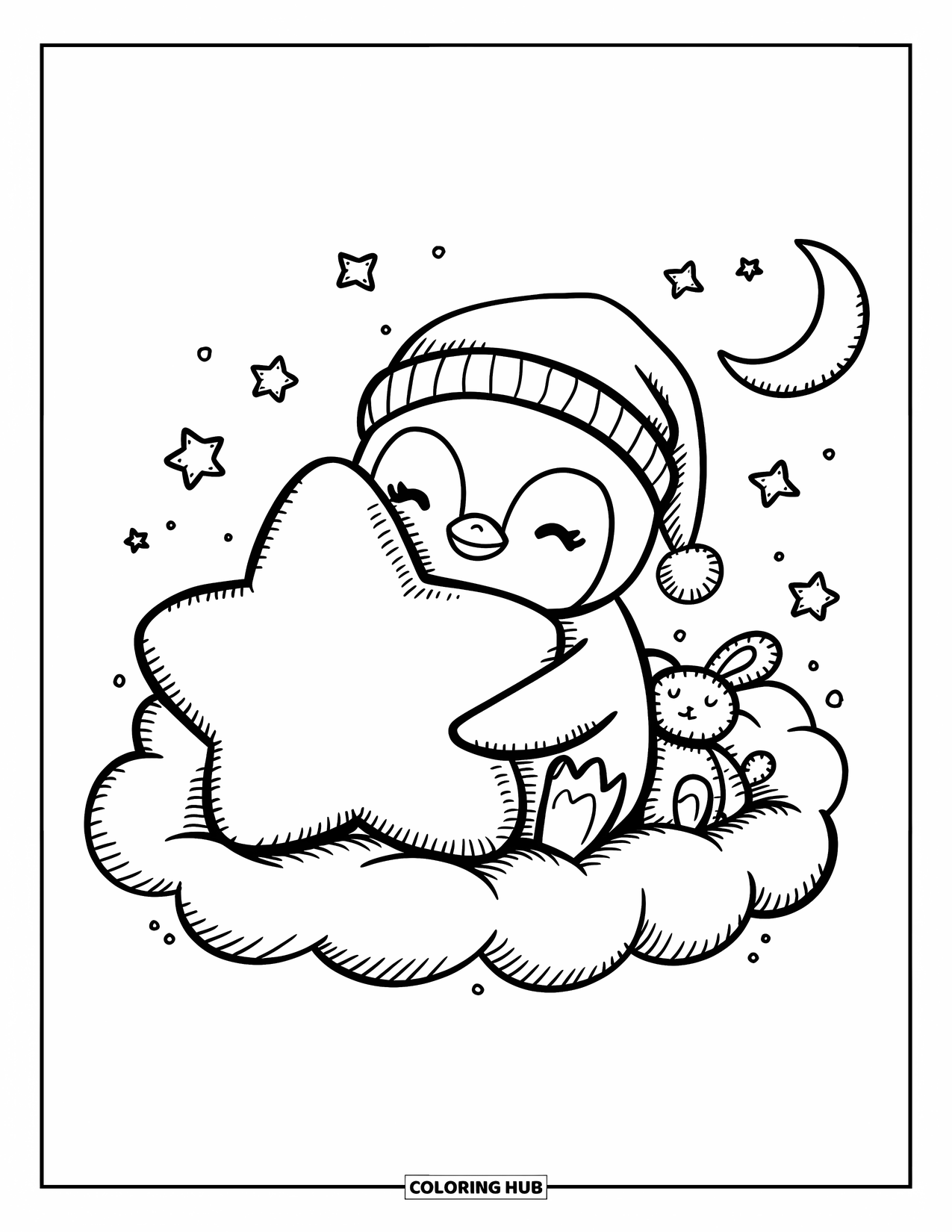 Disegno di un pinguino da colorare per adulti: Un pinguino abbraccia un cuscino a forma di stella su una nuvola, circondato da stelle scintillanti e una luna