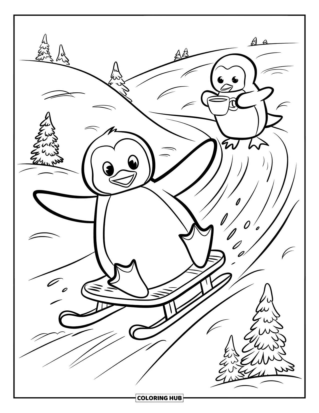 Disegno di un pinguino da colorare per adulti: Un pinguino su una slitta sbatte le ali mentre scivola giù per un pendio innevato