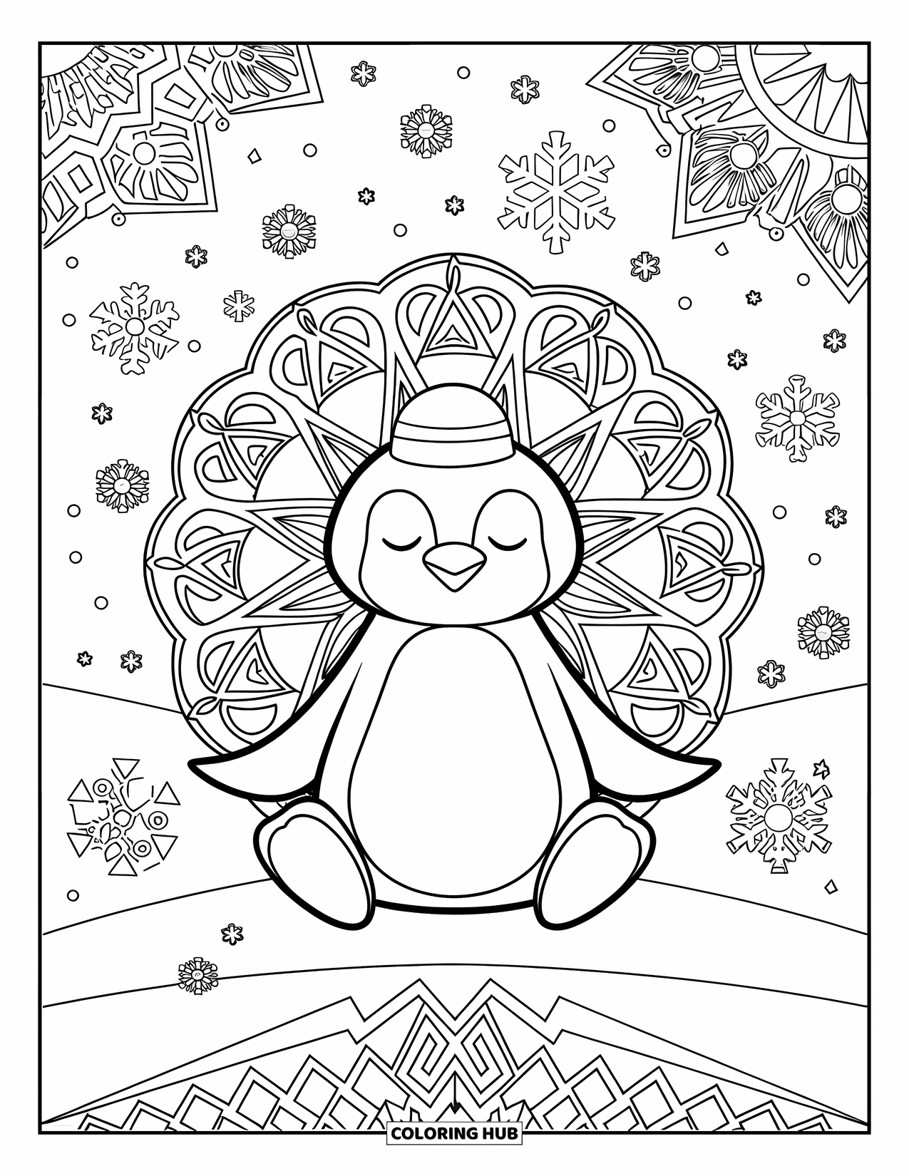 Disegno di pinguino da colorare per adulti: Un pinguino con un minuscolo cappello siede in una scena invernale piena di eleganti motivi ghiacciati