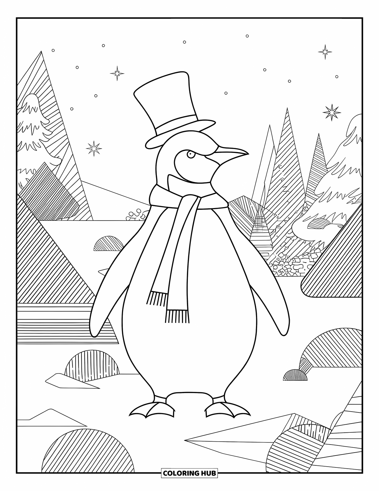 Disegno di pinguino da colorare per adulti: Un pinguino con un cappello a cilindro e una sciarpa si trova in un giardino invernale dal design intricato