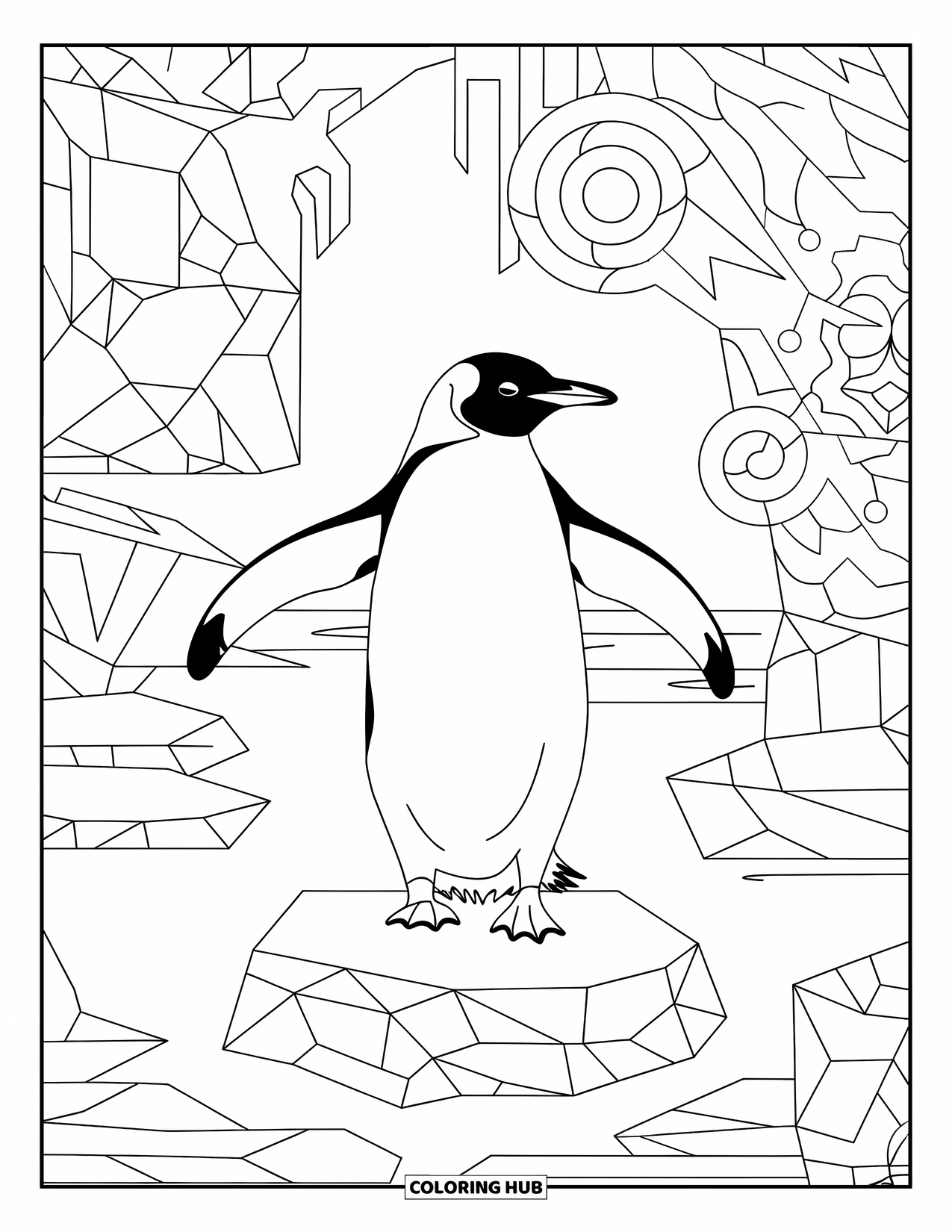 Disegno di pinguino da colorare per adulti: Un pinguino su un blocco di ghiaccio è incorniciato da spirali, fiocchi di neve e forme geometriche