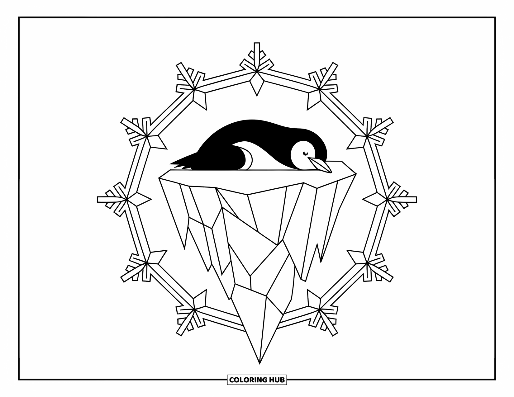 Disegno di pinguino da colorare per adulti: Un pinguino riposa su un elaborato iceberg circondato da ornamentali motivi di fiocchi di neve