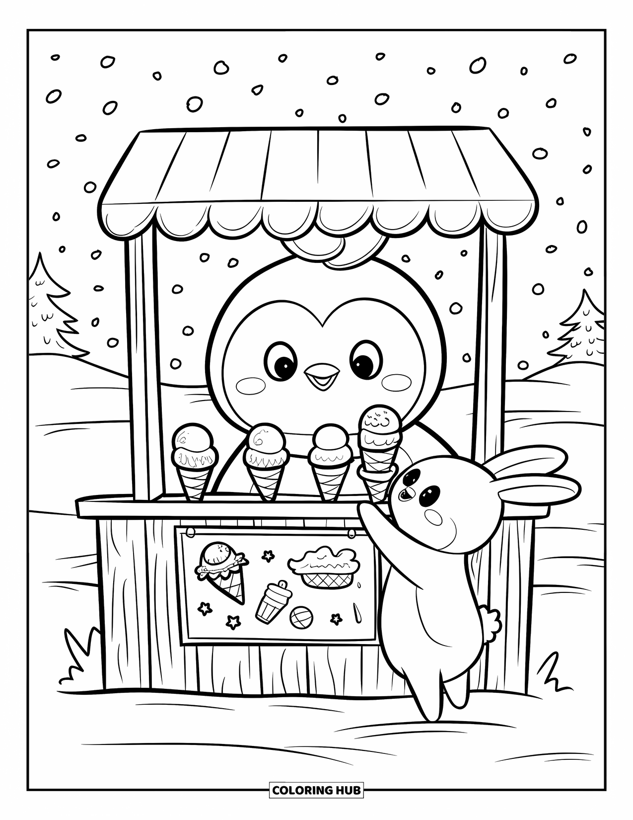 Disegno di un pinguino da colorare per adulti: Un pinguino serve gelato da una bancarella di legno a un coniglietto che cerca un cono