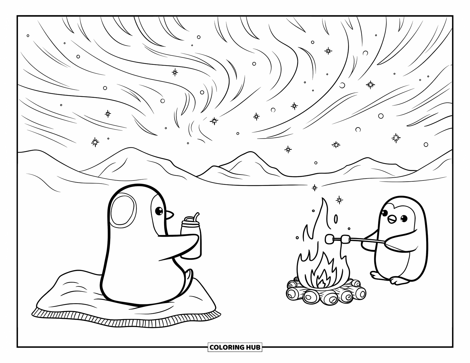 Disegno di pinguino da colorare per adulti: Un pinguino siede su una coperta, godendosi un thermos di cioccolata sotto l'aurora vorticosa