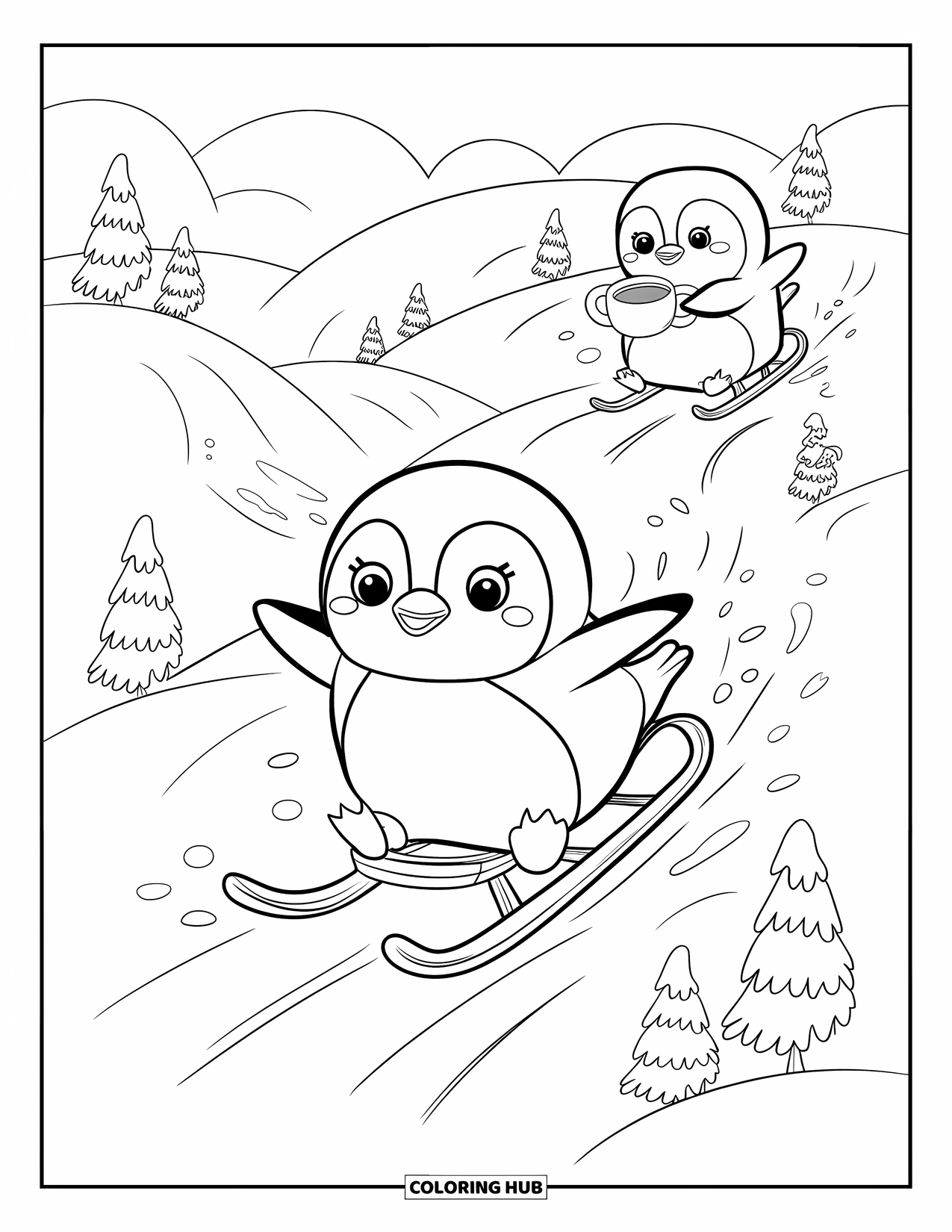 Disegno di pinguino da colorare per adulti: Un pinguino scivola giù per una collina con entusiasmo, lasciando una scia nevosa dietro di sé