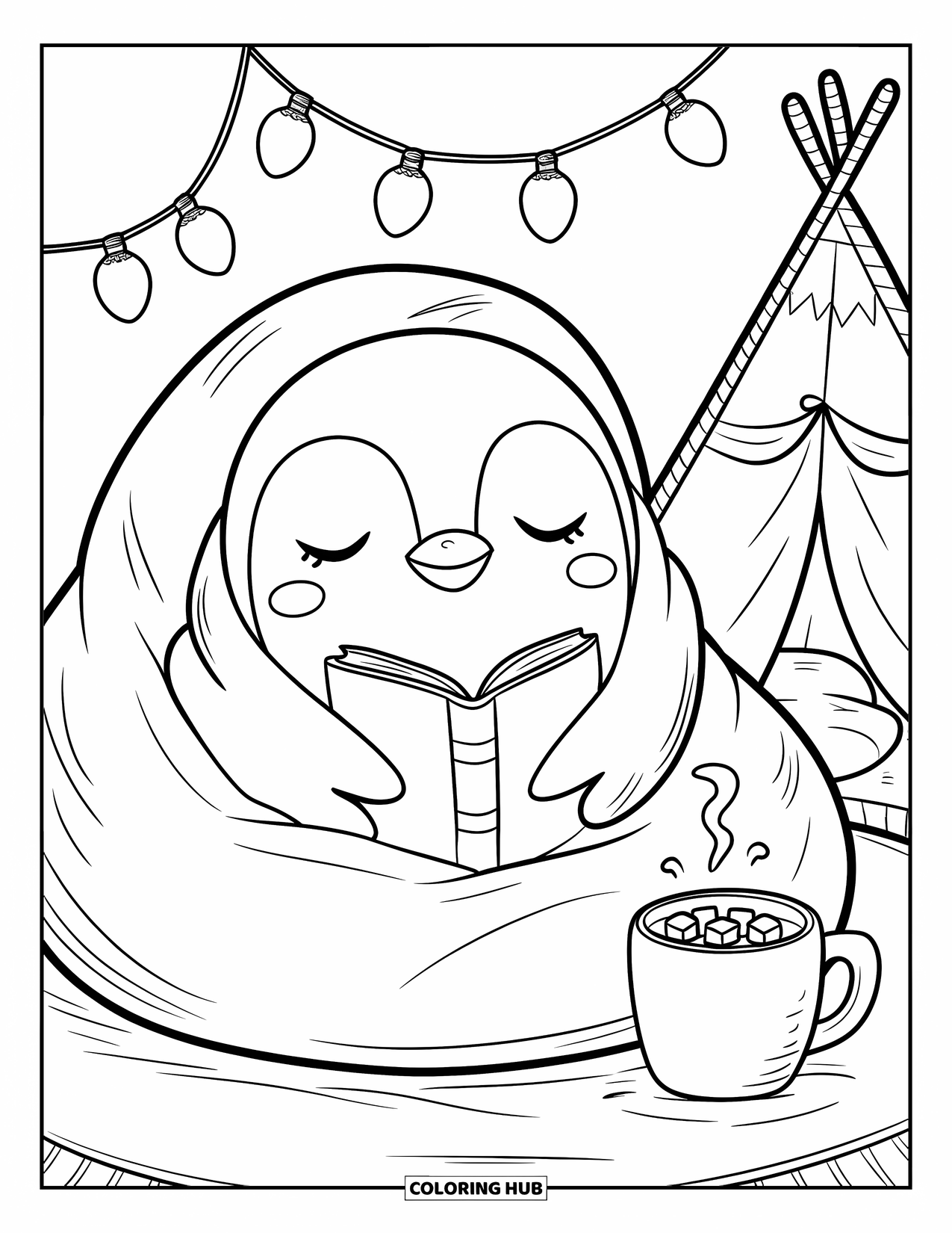 Disegno di pinguino da colorare per adulti: Un pinguino si rannicchia in un pouf con una bevanda calda, circondato da luci scintillanti