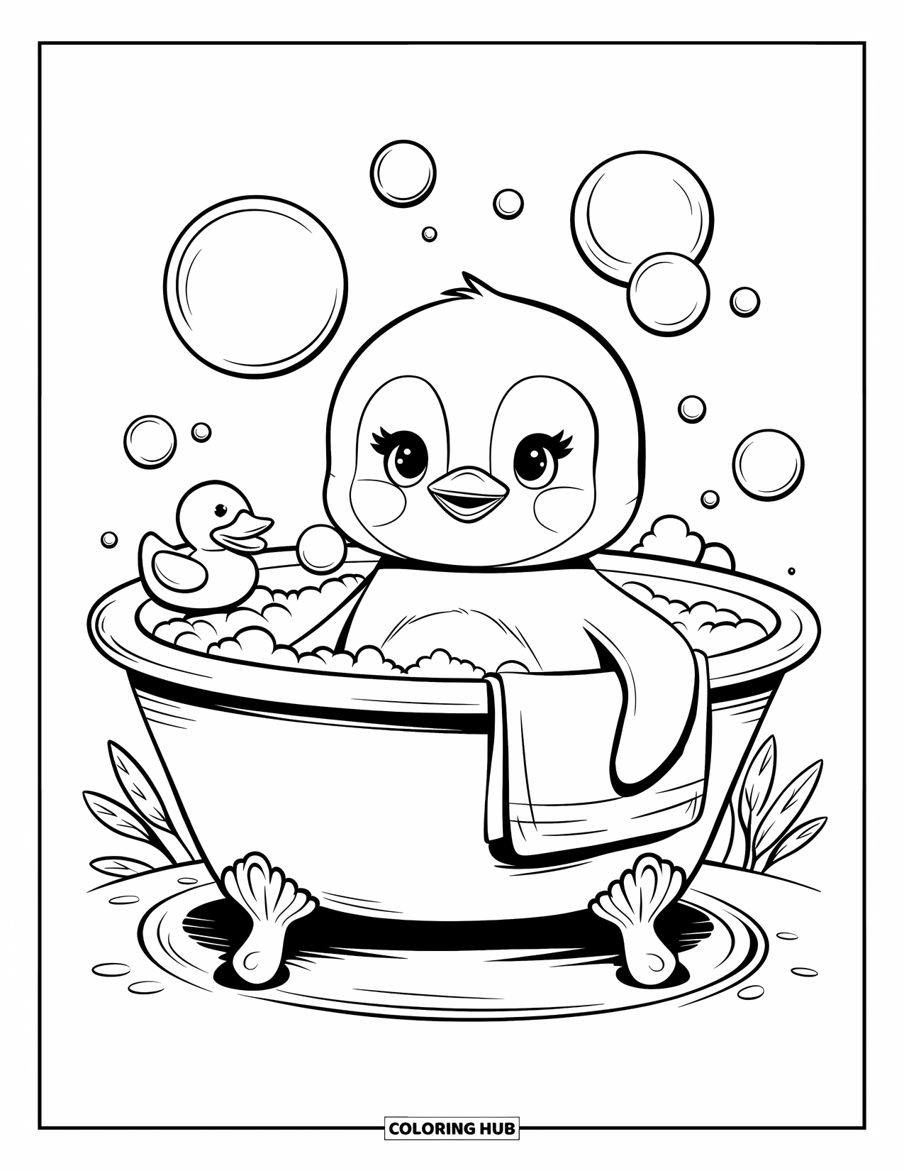 Disegno di un pinguino da colorare per adulti: Un pinguino sguazza in un bagno di schiuma, circondato da bolle galleggianti e una minuscola anatra