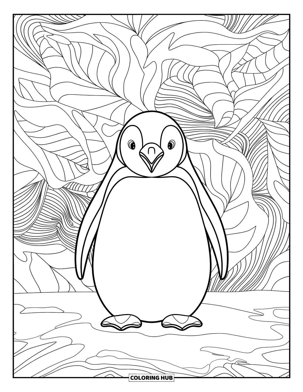 Disegno di pinguino da colorare per adulti: Un pinguino circondato da un elaborato fogliame invernale si erge su un terreno innevato