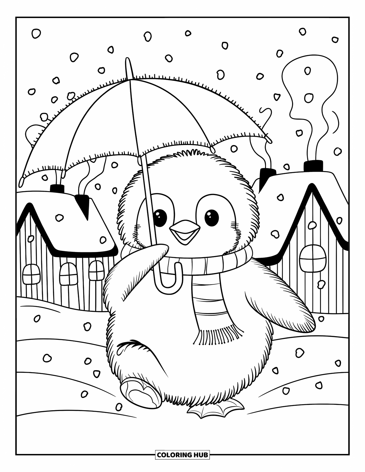 Disegno di un pinguino da colorare per adulti: Un pinguino con un minuscolo ombrello cammina davanti a case accoglienti con il fumo che si alza dai camini