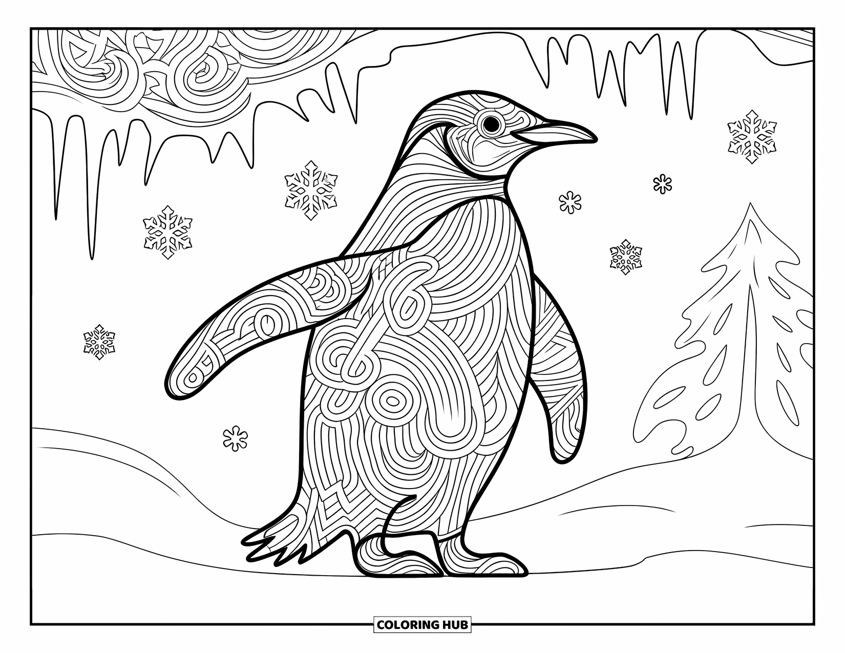 Disegno di pinguino da colorare per adulti: Un pinguino con motivi intricati si erge in una scena invernale piena di fiocchi di neve e ghiaccioli