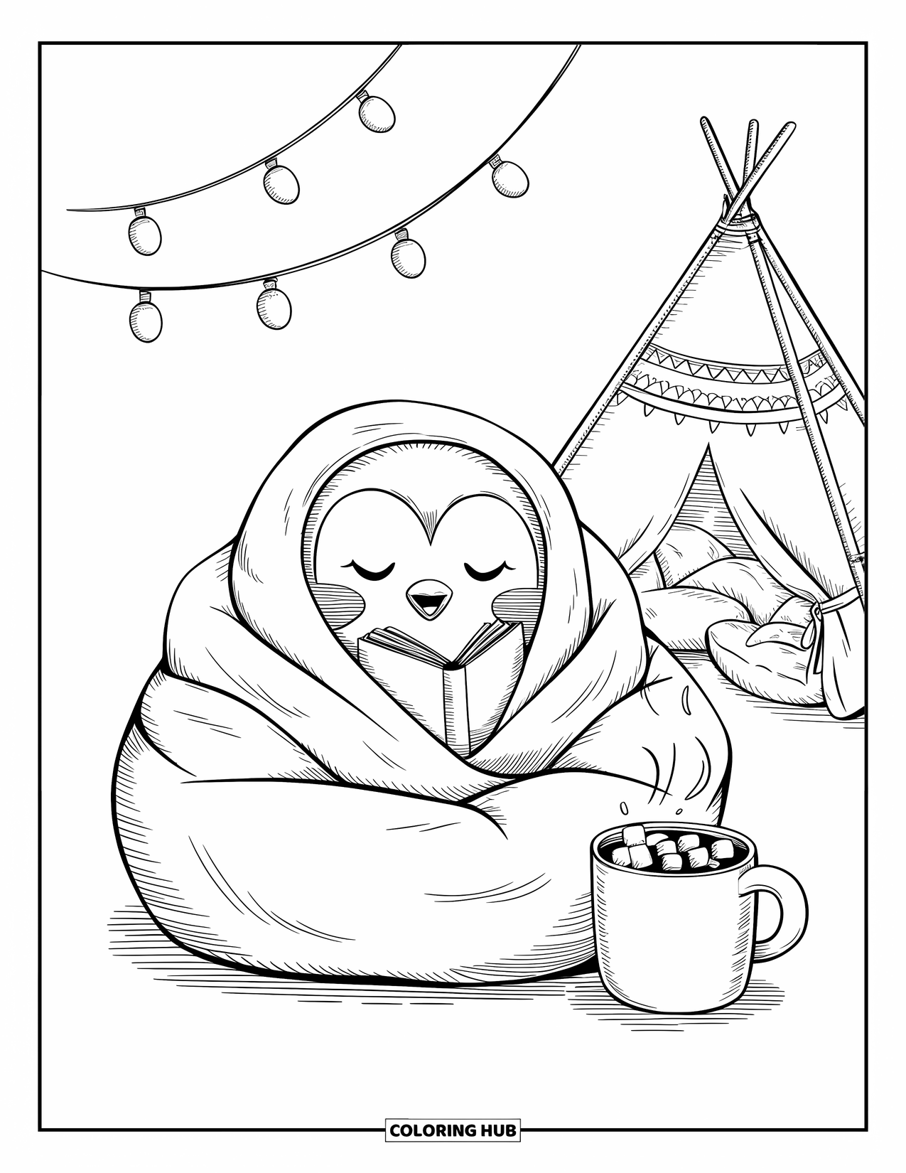 Disegno di pinguino da colorare per adulti: Un pinguino avvolto in una coperta sorseggia cioccolata mentre legge sotto lucine scintillanti