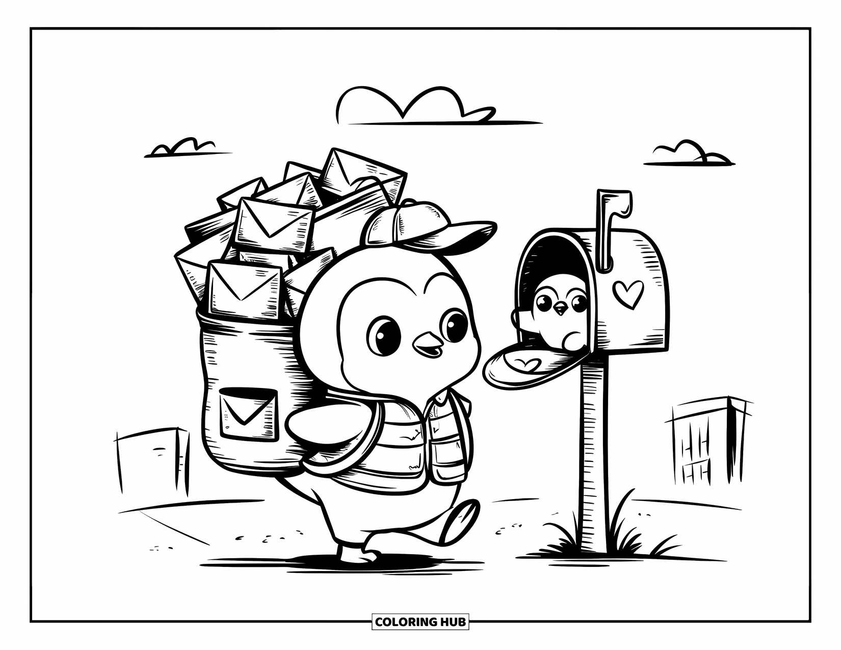 Disegno di un pinguino da colorare per adulti: Un minuscolo pinguino con un gilet e un cappello trasporta lettere mentre un altro sbircia da una busta