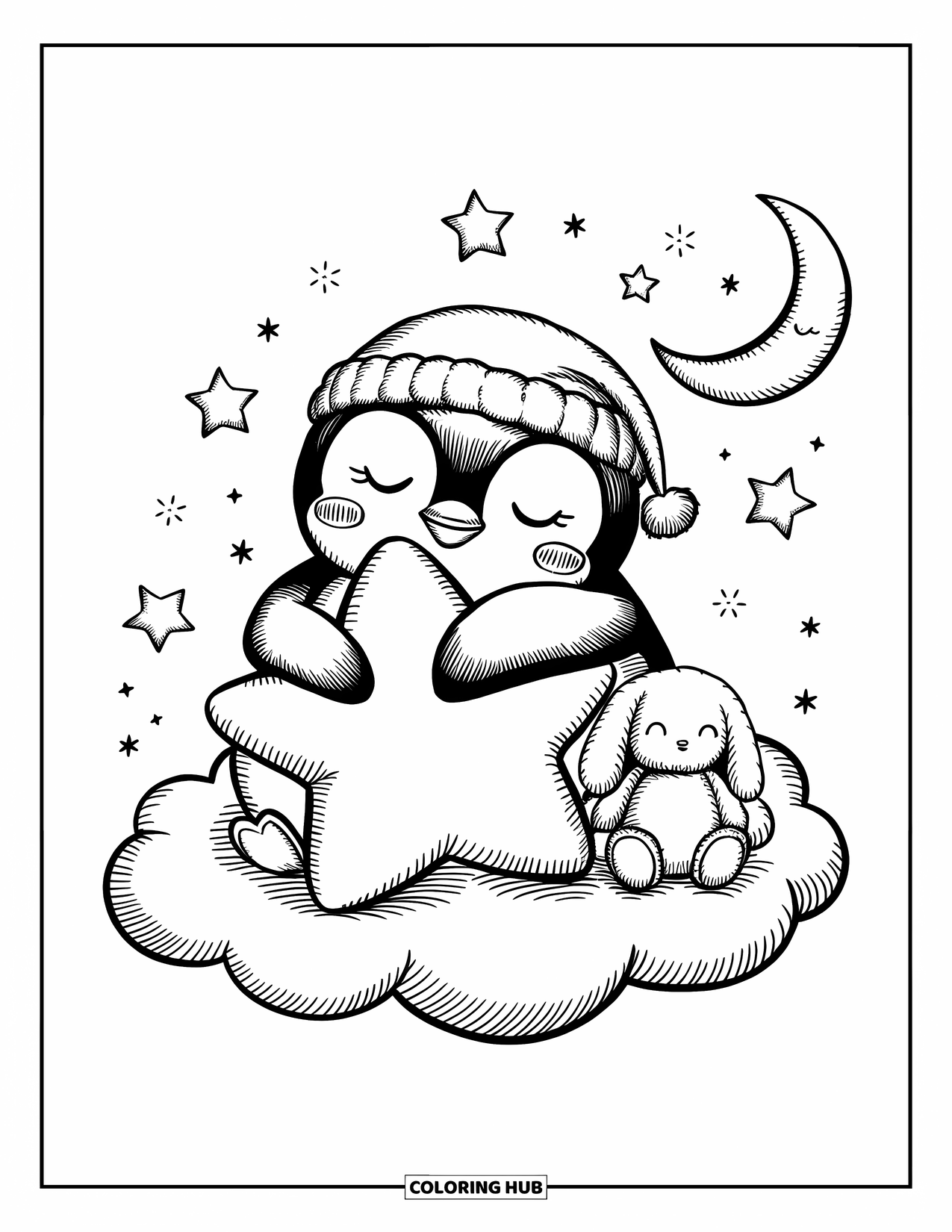 Disegno di pinguino da colorare per adulti: Un minuscolo pinguino stringe un cuscino a forma di stella mentre siede su una nuvola soffice