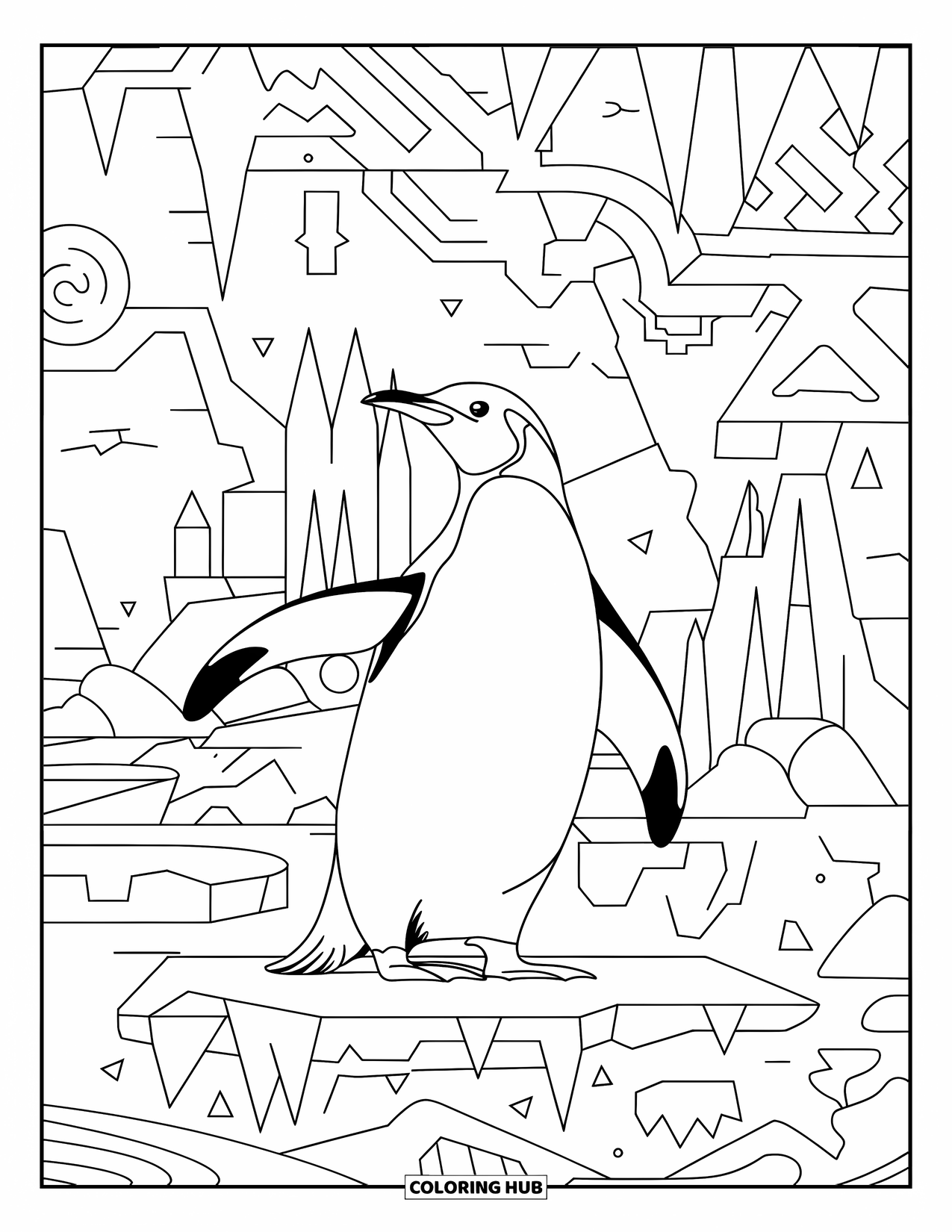 Disegno di pinguino da colorare per adulti: Un pinguino dal design intricato si erge su una banchisa in mezzo a vorticosi motivi ghiacciati