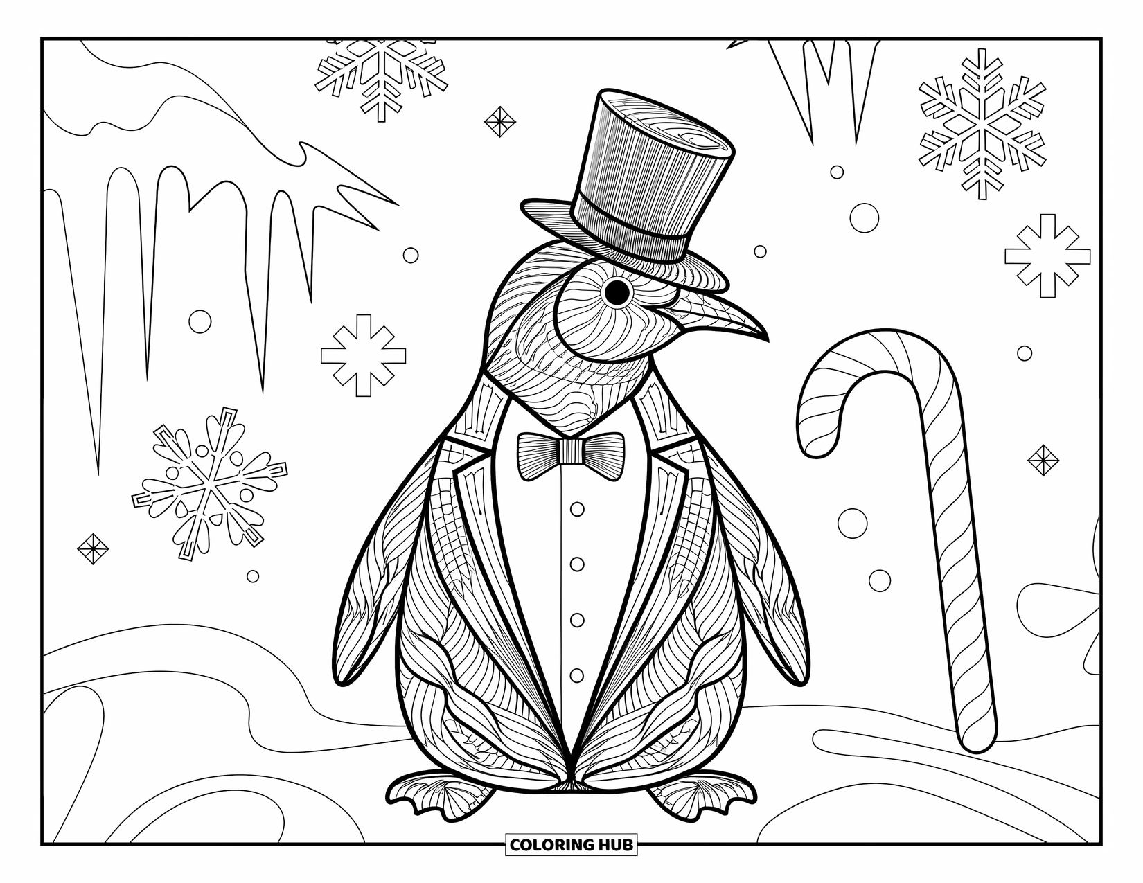 Disegno di pinguino da colorare per adulti: Un pinguino ornato in smoking e cappello a cilindro si erge in mezzo a vorticosi motivi invernali