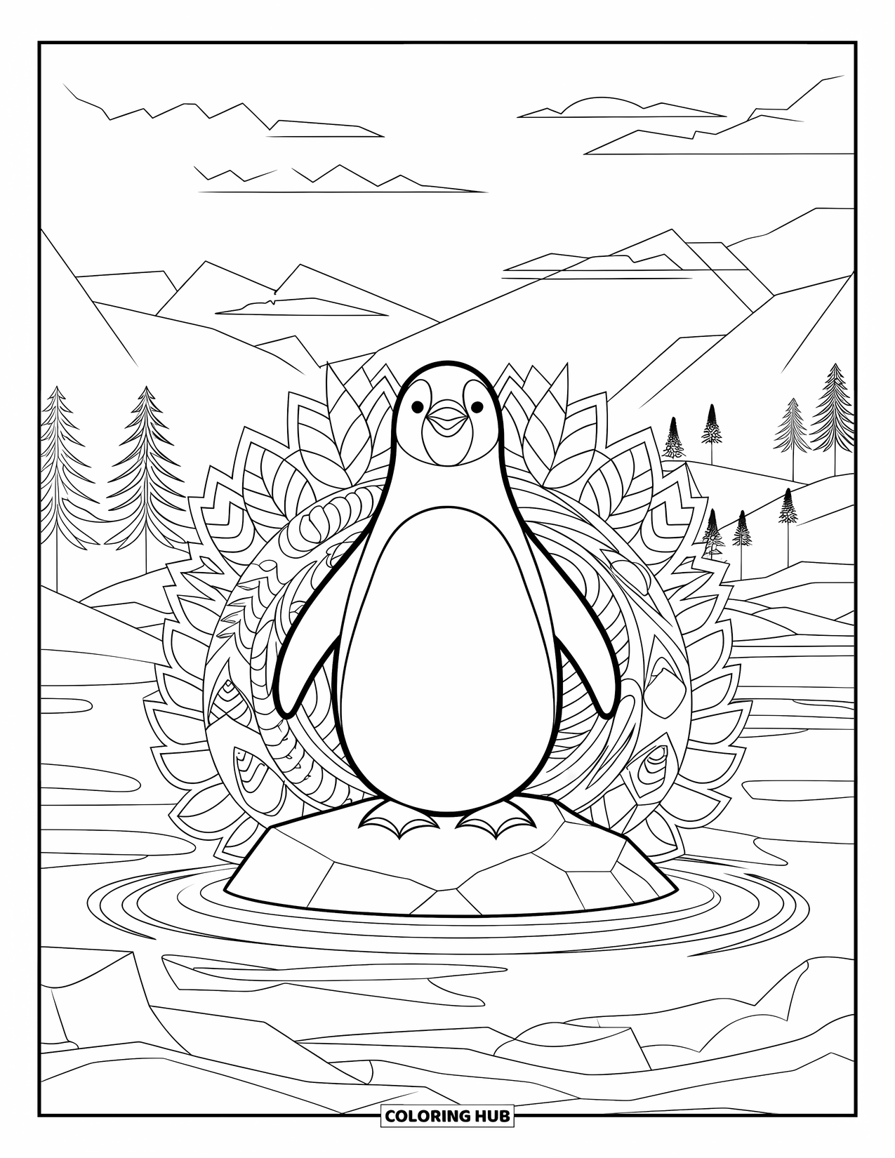 Disegno di pinguino da colorare per adulti: Un pinguino ornato siede su una roccia in un pacifico paesaggio di montagne e acqua