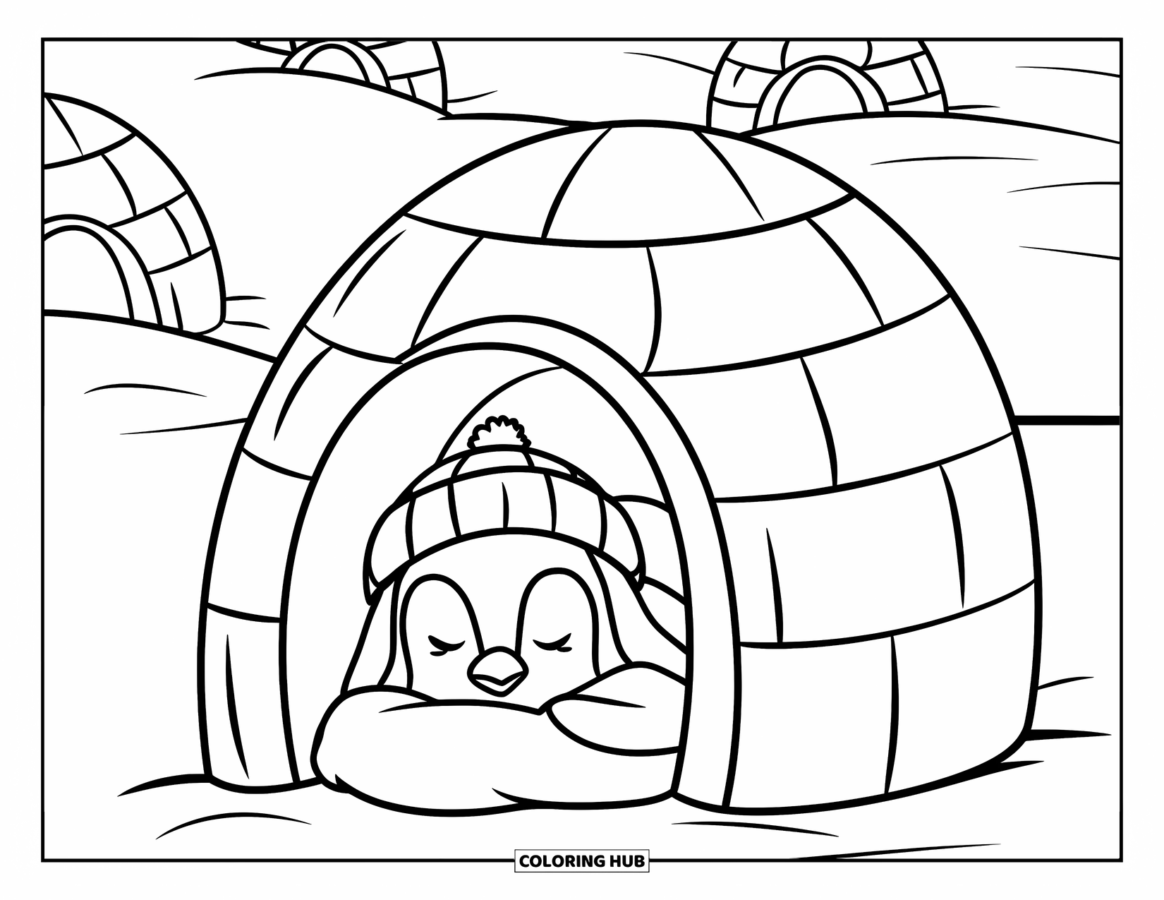 Disegno di un pinguino da colorare per bambini: Un cucciolo di pinguino dorme pacificamente dentro un accogliente igloo