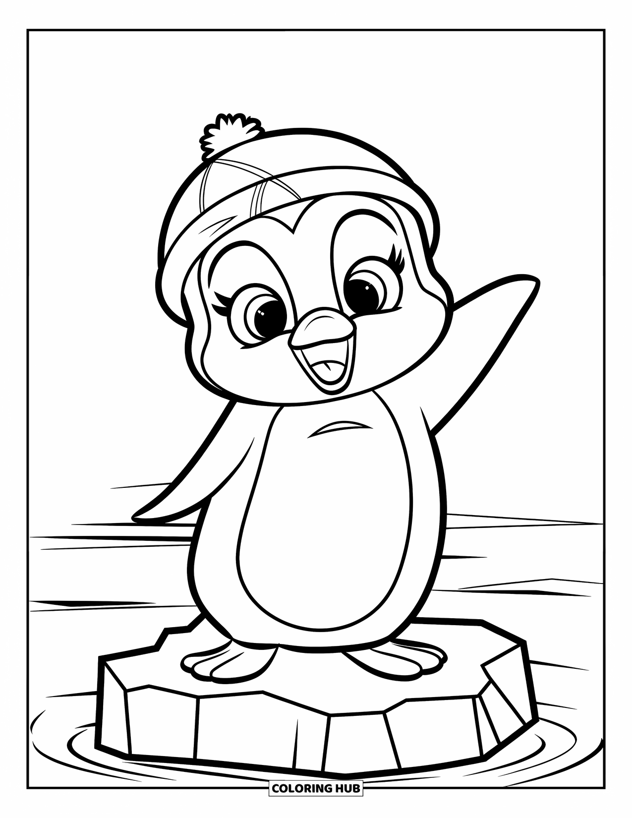 Disegno di un pinguino da colorare per bambini: Un cucciolo di pinguino saluta da un iceberg che galleggia nel vasto oceano ghiacciato