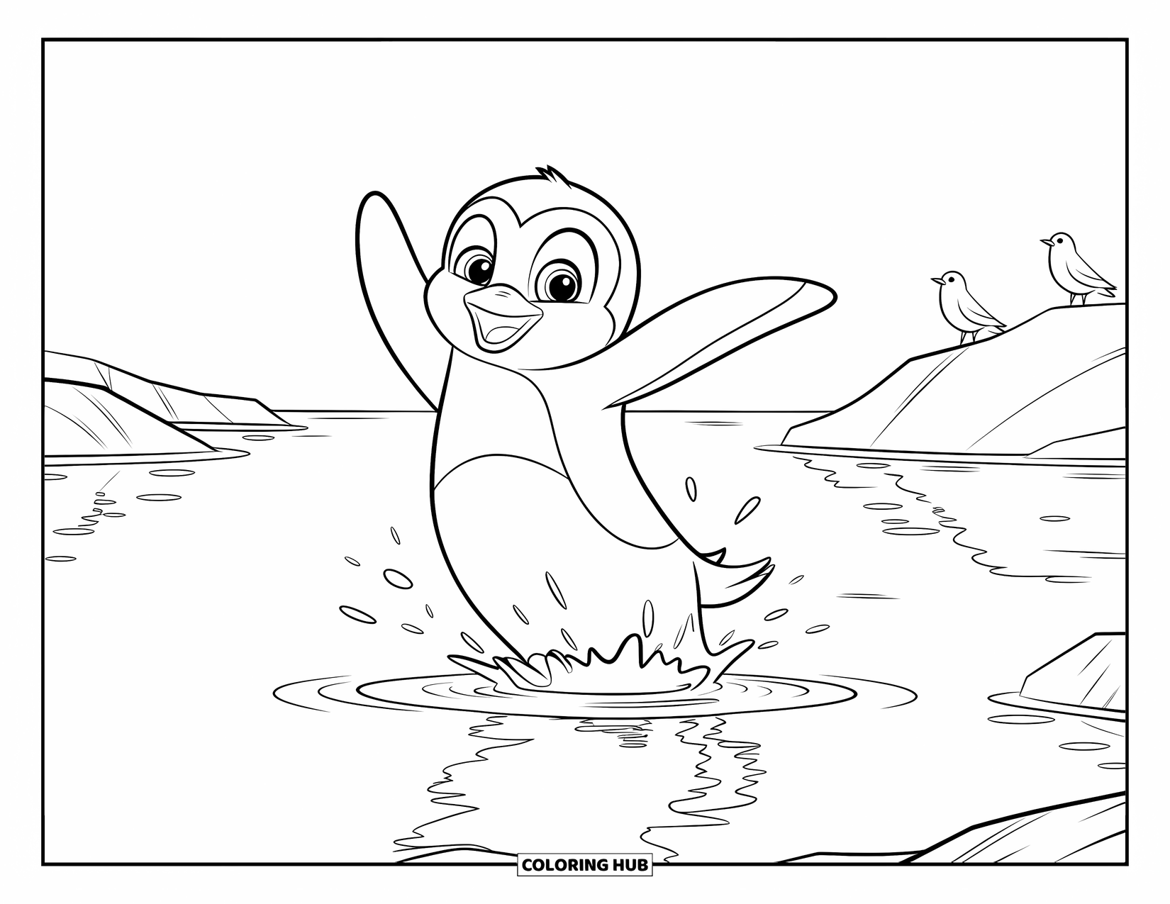 Disegno di un pinguino da colorare per bambini: Un pinguino allegro salta in un lago calmo, circondato da rocce e uccelli