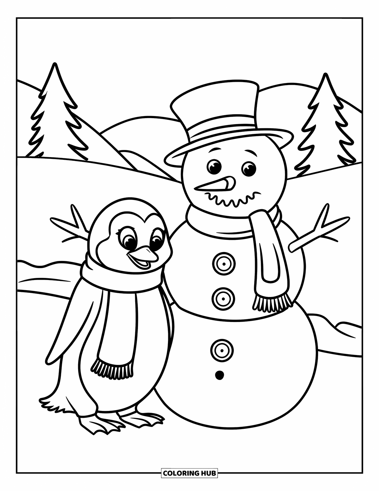 Disegno di un pinguino da colorare per bambini: Un pinguino e un pupazzo di neve si trovano in un paesaggio invernale con colline e alberi innevati