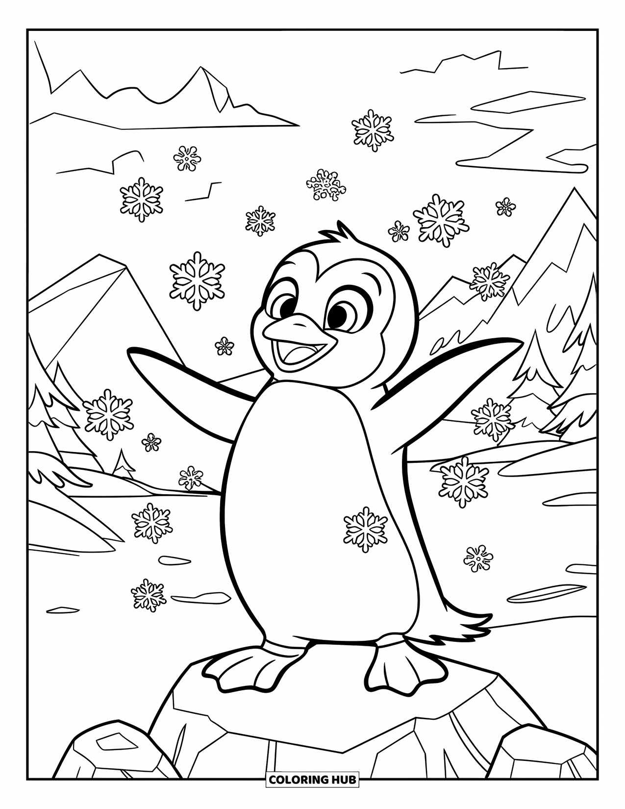 Disegno di un pinguino da colorare per bambini: Un pinguino si equilibra su una roccia, cercando di raggiungere i fiocchi di neve in un paesaggio invernale