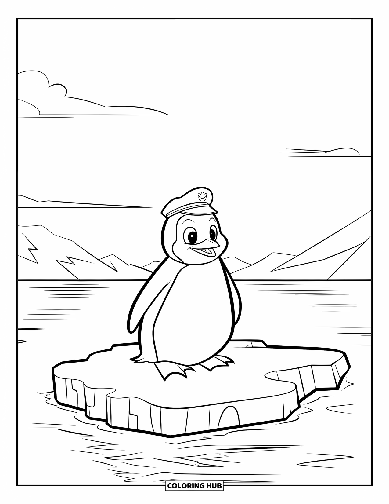 Disegno di un pinguino da colorare per bambini: Un pinguino galleggia su un pezzo di ghiaccio, guardando montagne lontane e acque calme