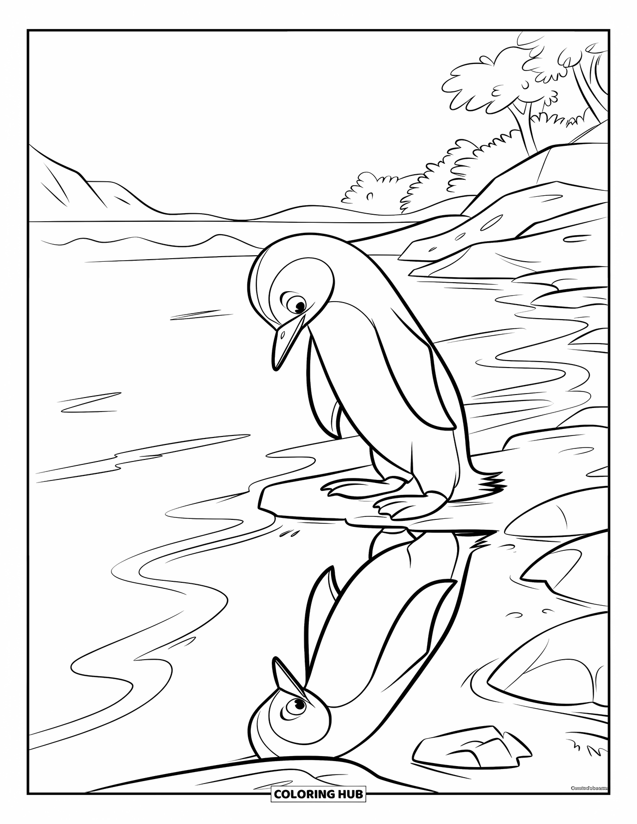 Disegno di un pinguino da colorare per bambini: Un pinguino guarda l'acqua increspata, osservando il proprio riflesso