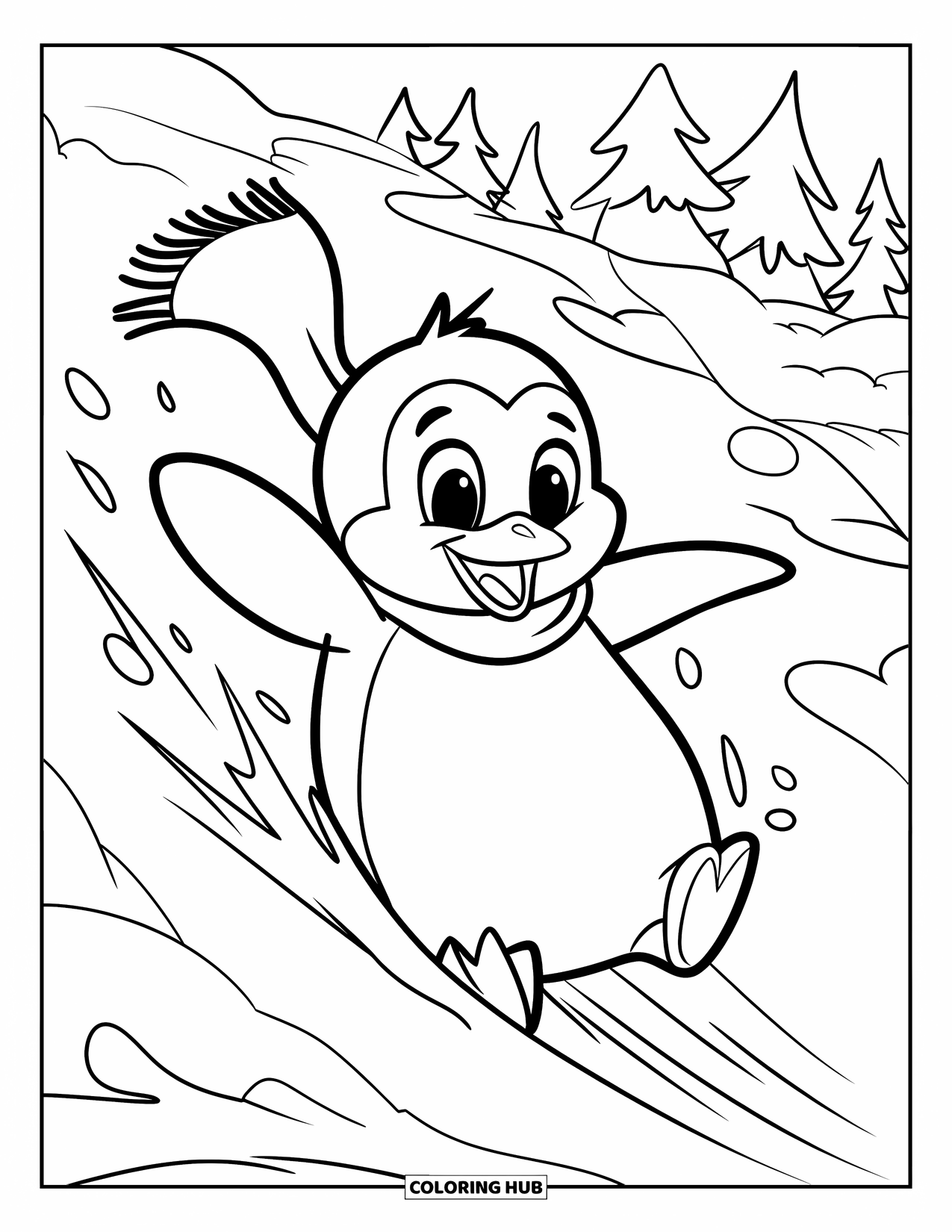Disegno di un pinguino da colorare per bambini: Un pinguino scivola felice giù per una collina ghiacciata, lasciando una scia nella neve