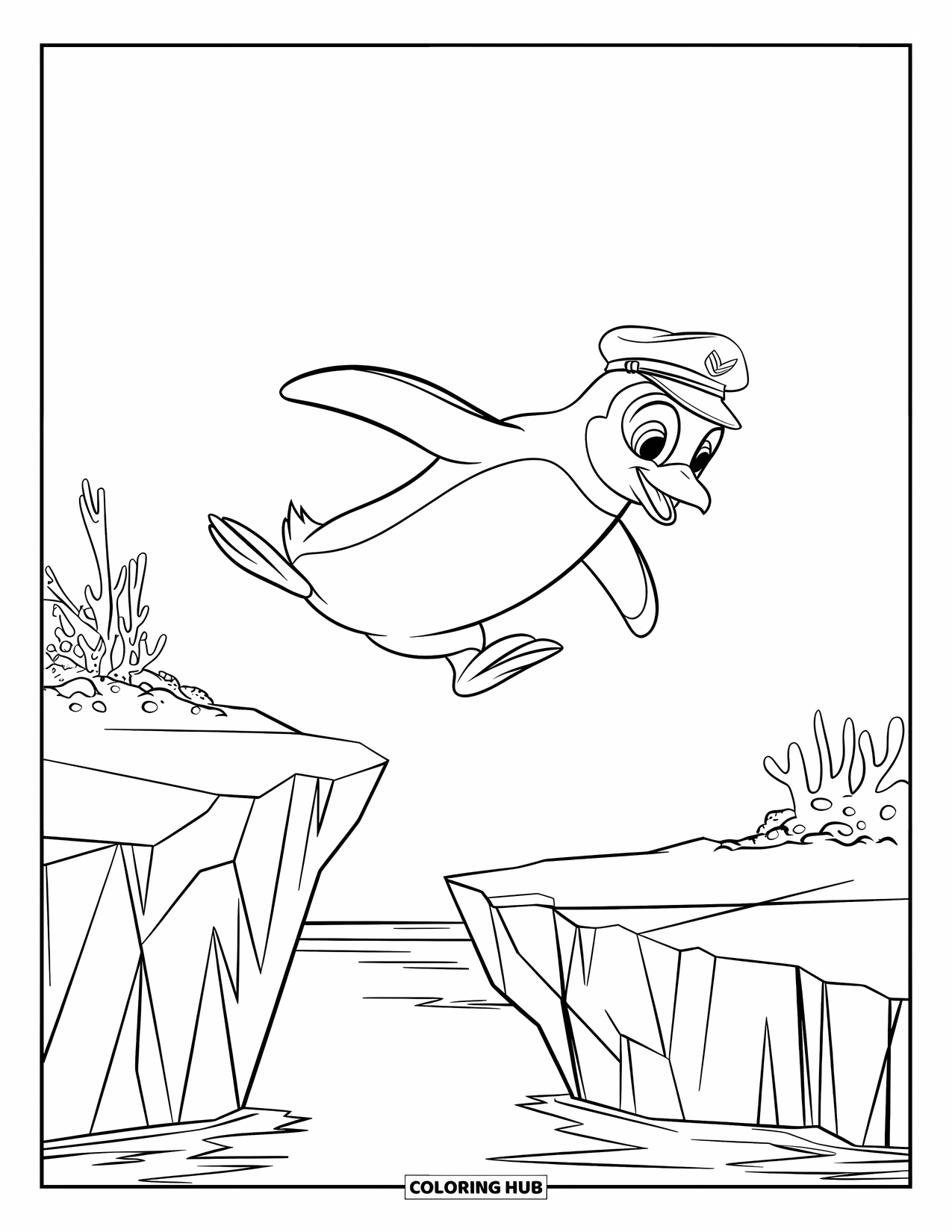 Disegno di un pinguino da colorare per bambini: Un pinguino con un cappello da capitano salta tra gli iceberg, con piante marine sullo sfondo