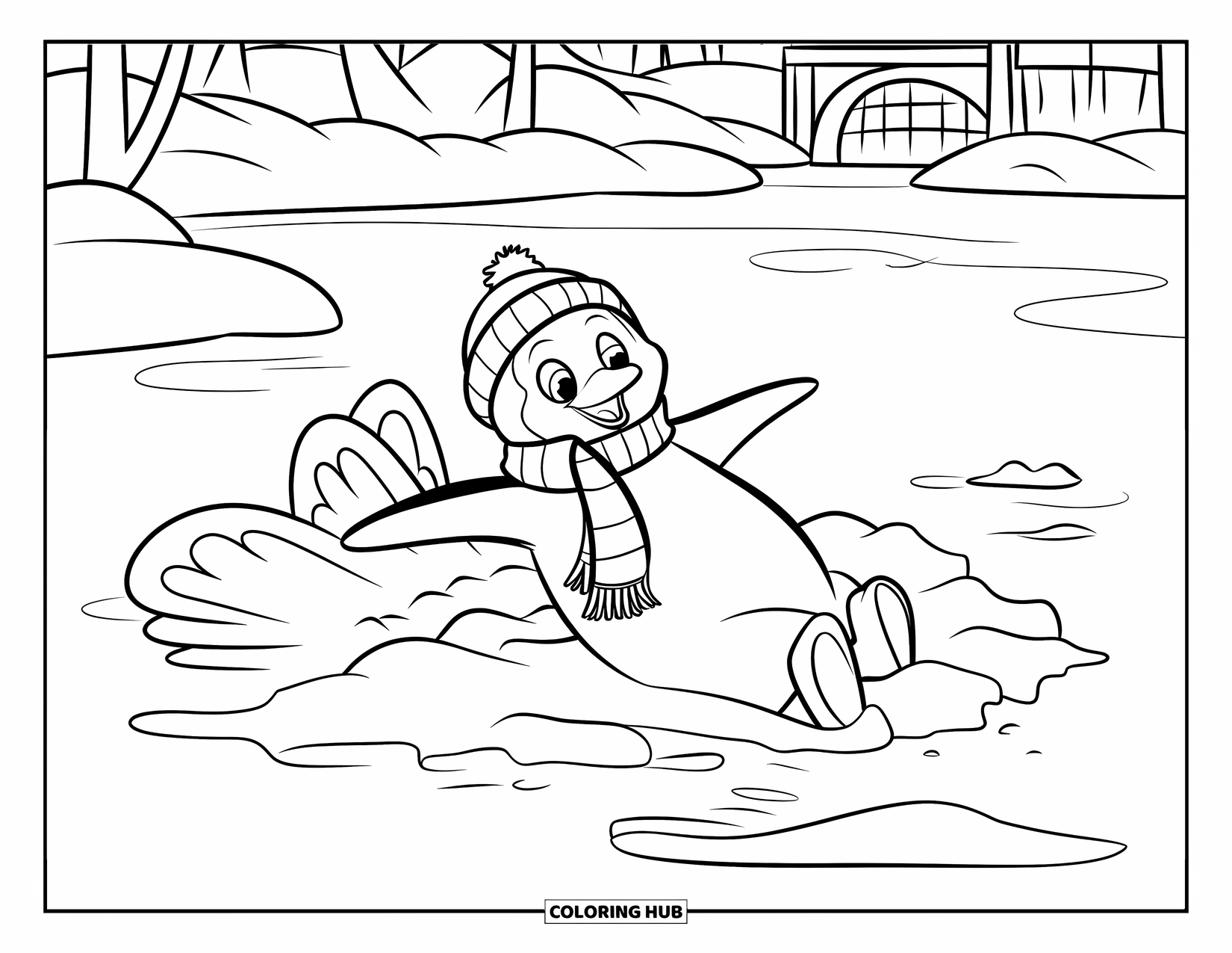 Disegno di un pinguino da colorare per bambini: Un pinguino con un cappello e una sciarpa sbatte le ali per fare un angelo di neve