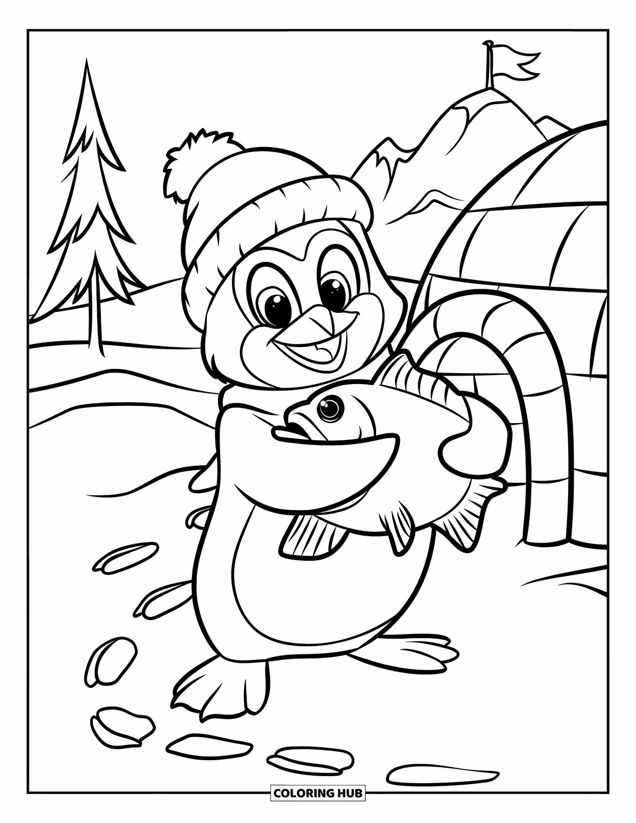 Disegno di un pinguino da colorare per bambini: Un pinguino con un cappello trasporta un grosso pesce vicino a un igloo, lasciando impronte nella neve