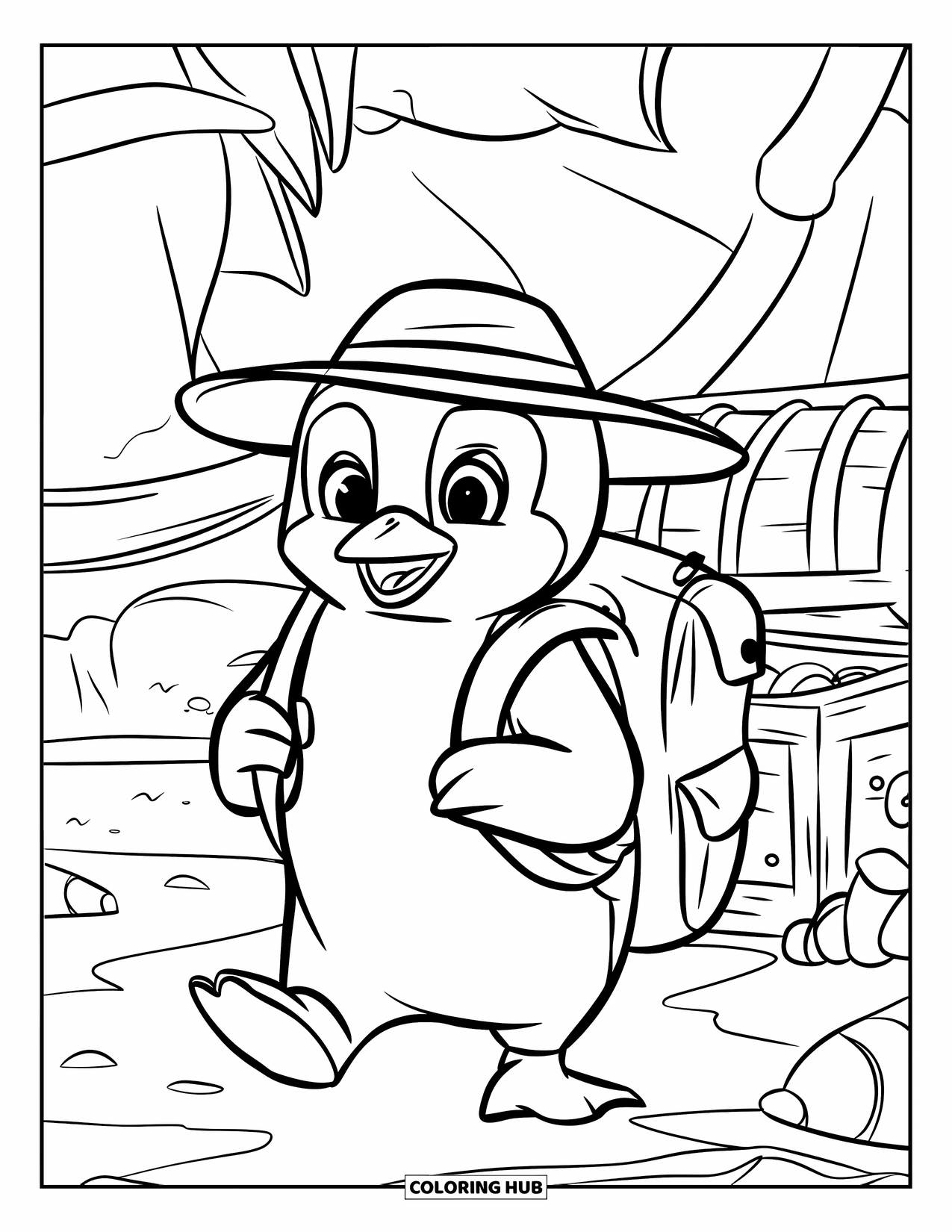 Disegno di un pinguino da colorare per bambini: Un pinguino con un cappello esplora il sito di un naufragio con un forziere del tesoro nelle vicinanze
