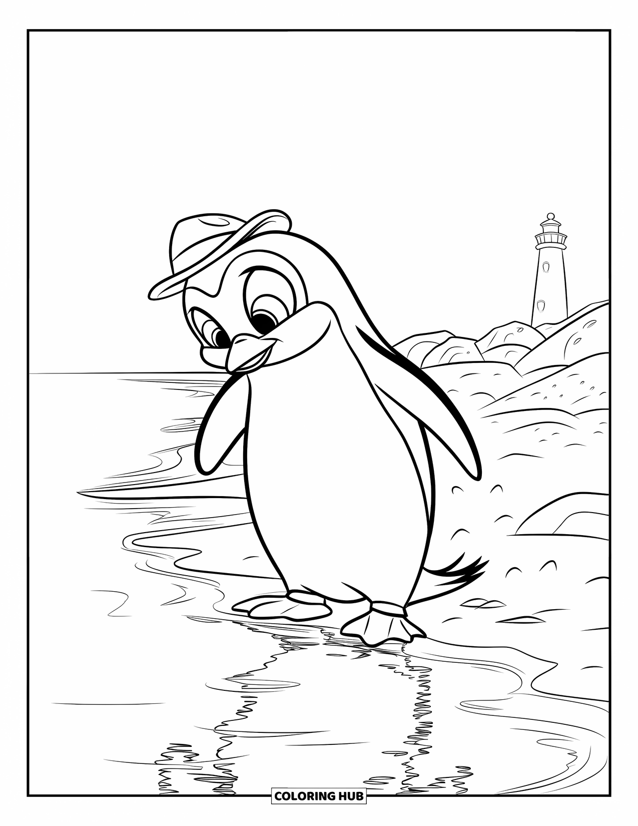 Disegno di un pinguino da colorare per bambini: Un pinguino con un cappello sta in riva al mare, con il suo riflesso visibile nell'acqua
