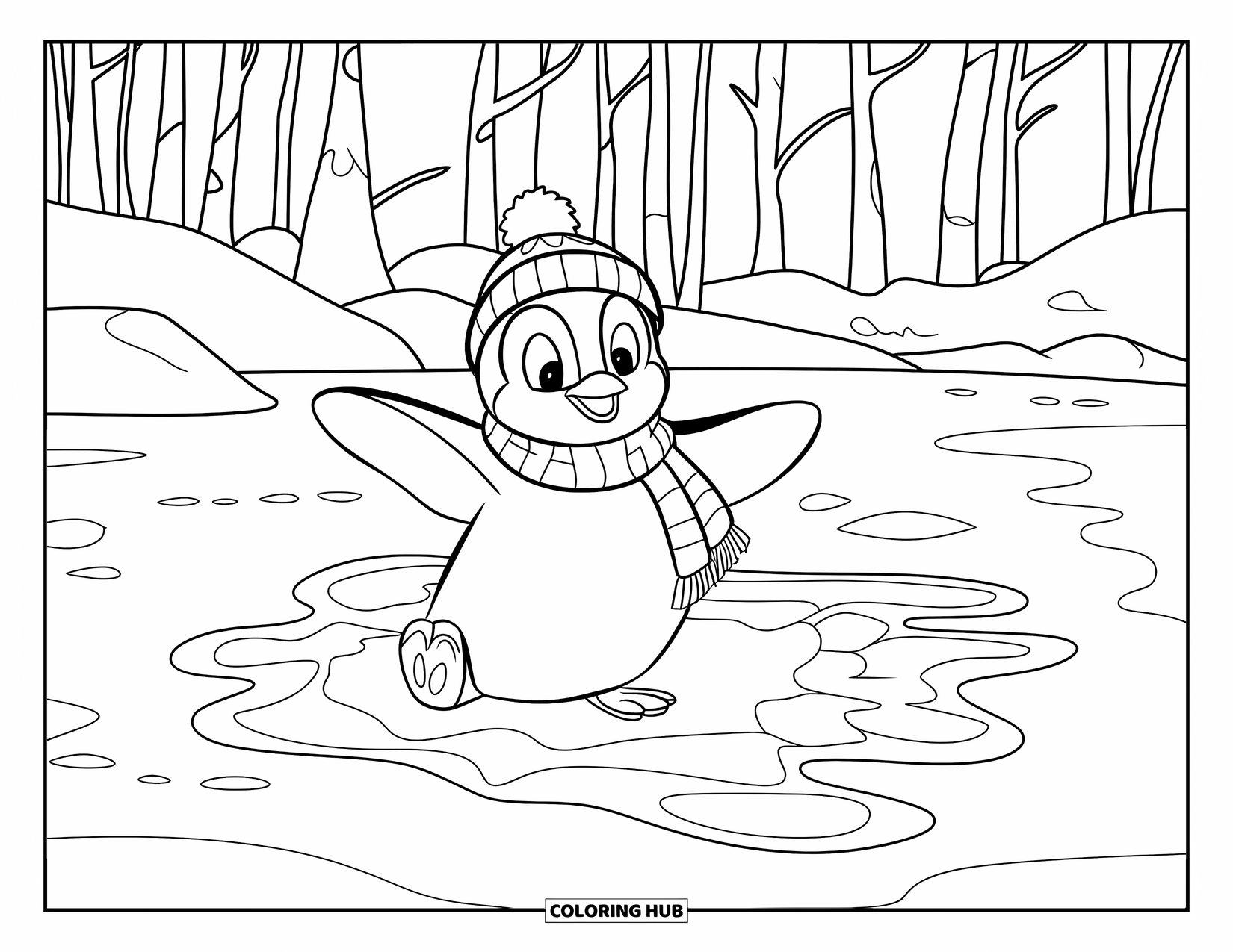 Disegno di un pinguino da colorare per bambini: Un pinguino con una sciarpa crea angelici motivi sulla neve mentre è sdraiato sul ghiaccio