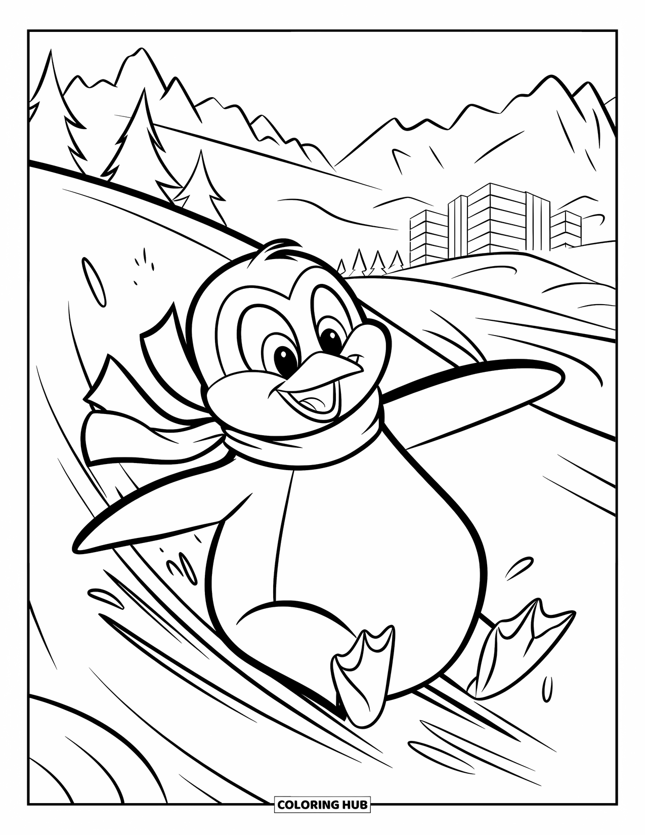 Disegno di un pinguino da colorare per bambini: Un pinguino con una sciarpa sorride mentre scivola giù per una collina innevata, superando alberi e montagne